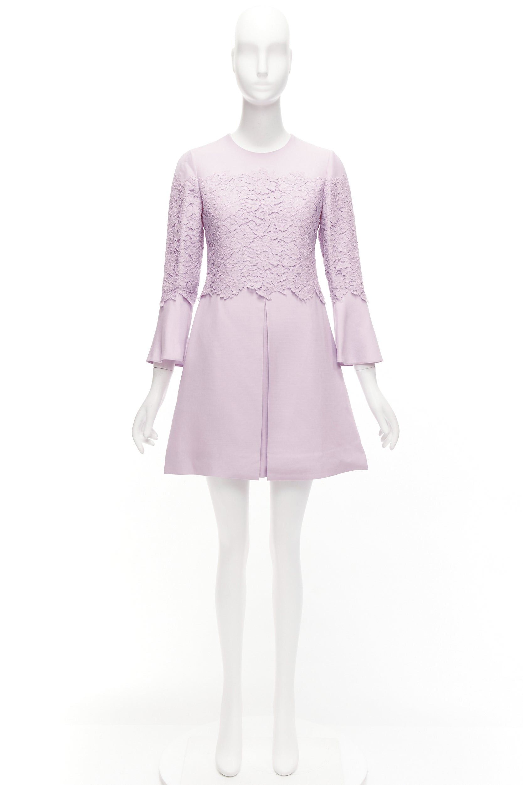 Valentino VALENTINO 2019 pastel pink wool silk crepe lace box pleat A-line dress IT38 XS Size XS / US 0-2 / IT 36-38 - 9 Thumbnail