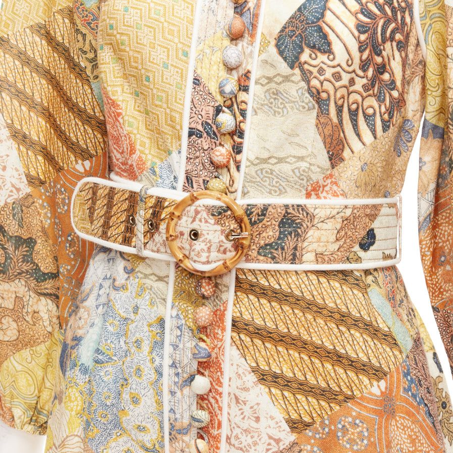 Zimmermann ZIMMERMANN Brightside brown linen patchwork ethnic print belted dress US1 S Size S / US 4 / IT 40 - 2 Thumbnail