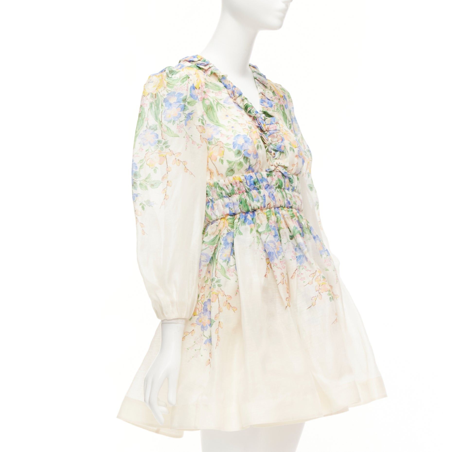 Zimmermann ZIMMERMANN Garden Floral blush pink silk linen blue floral billow sleeve dress AU1 M Size S / US 4 / IT 40 - 3 Thumbnail