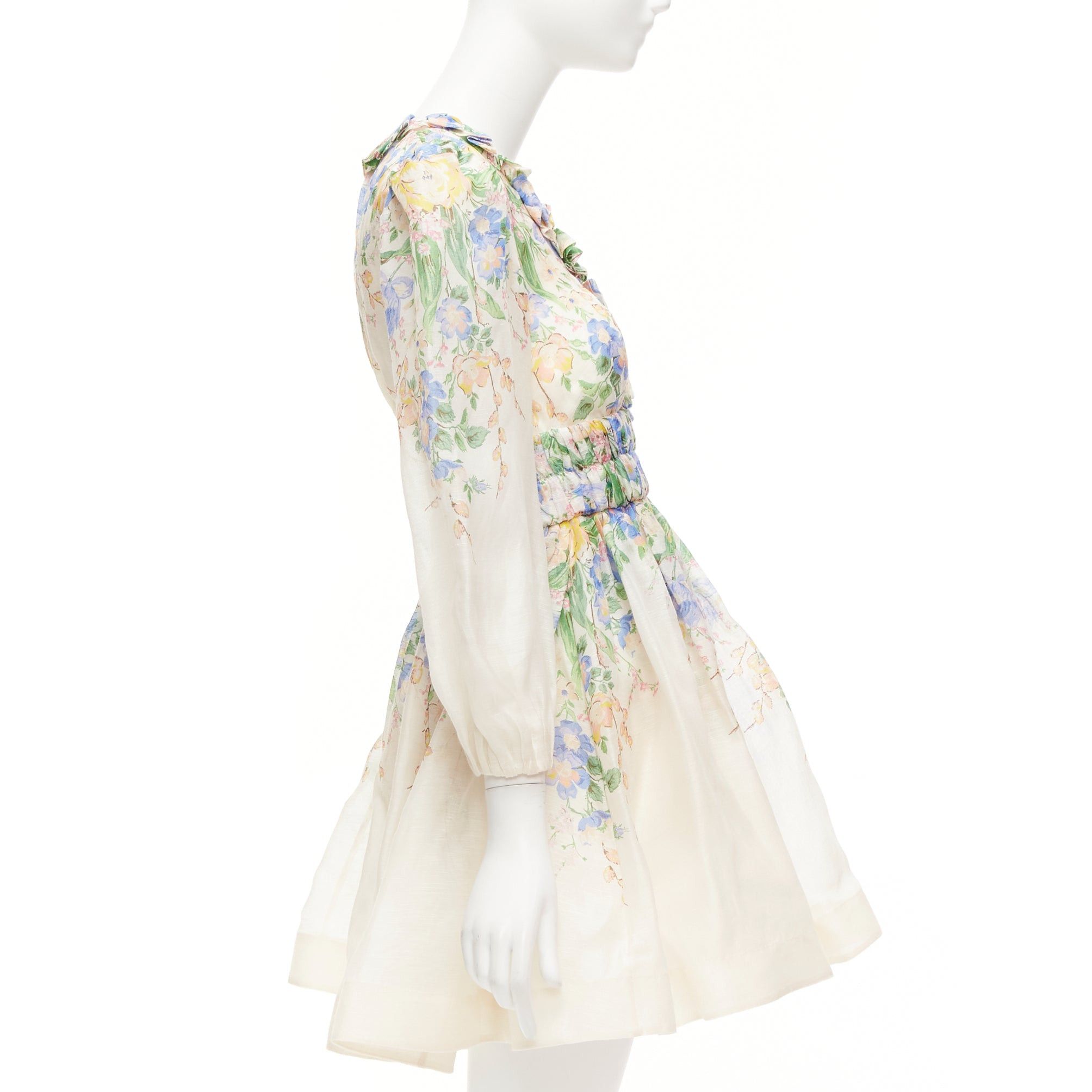 Zimmermann ZIMMERMANN Garden Floral blush pink silk linen blue floral billow sleeve dress AU1 M Size S / US 4 / IT 40 - 4 Thumbnail