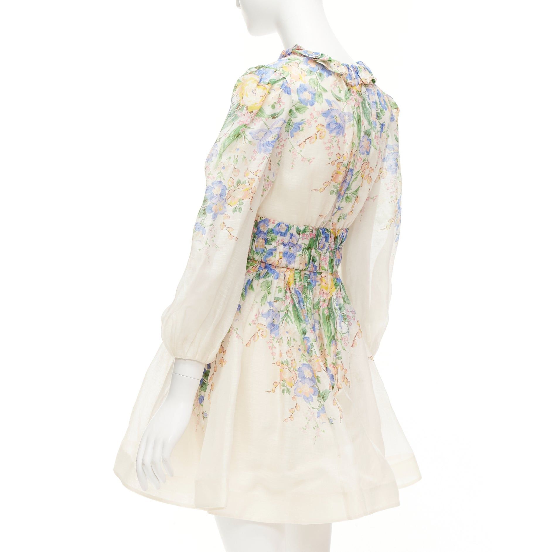 Zimmermann ZIMMERMANN Garden Floral blush pink silk linen blue floral billow sleeve dress AU1 M Size S / US 4 / IT 40 - 6 Thumbnail