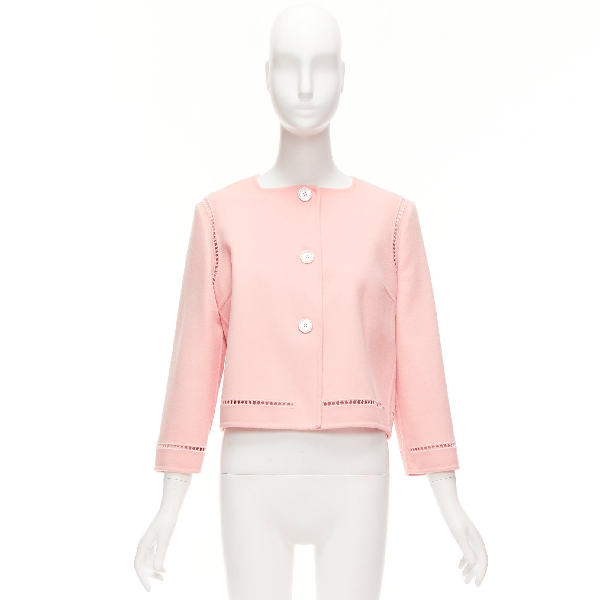 Ermanno Scervino ERMANNO SCERVINO pink 100% virgin wool eyelet trim shell button jacket IT42 M Size M / US 6-8 / IT 42-44 - 9 Thumbnail