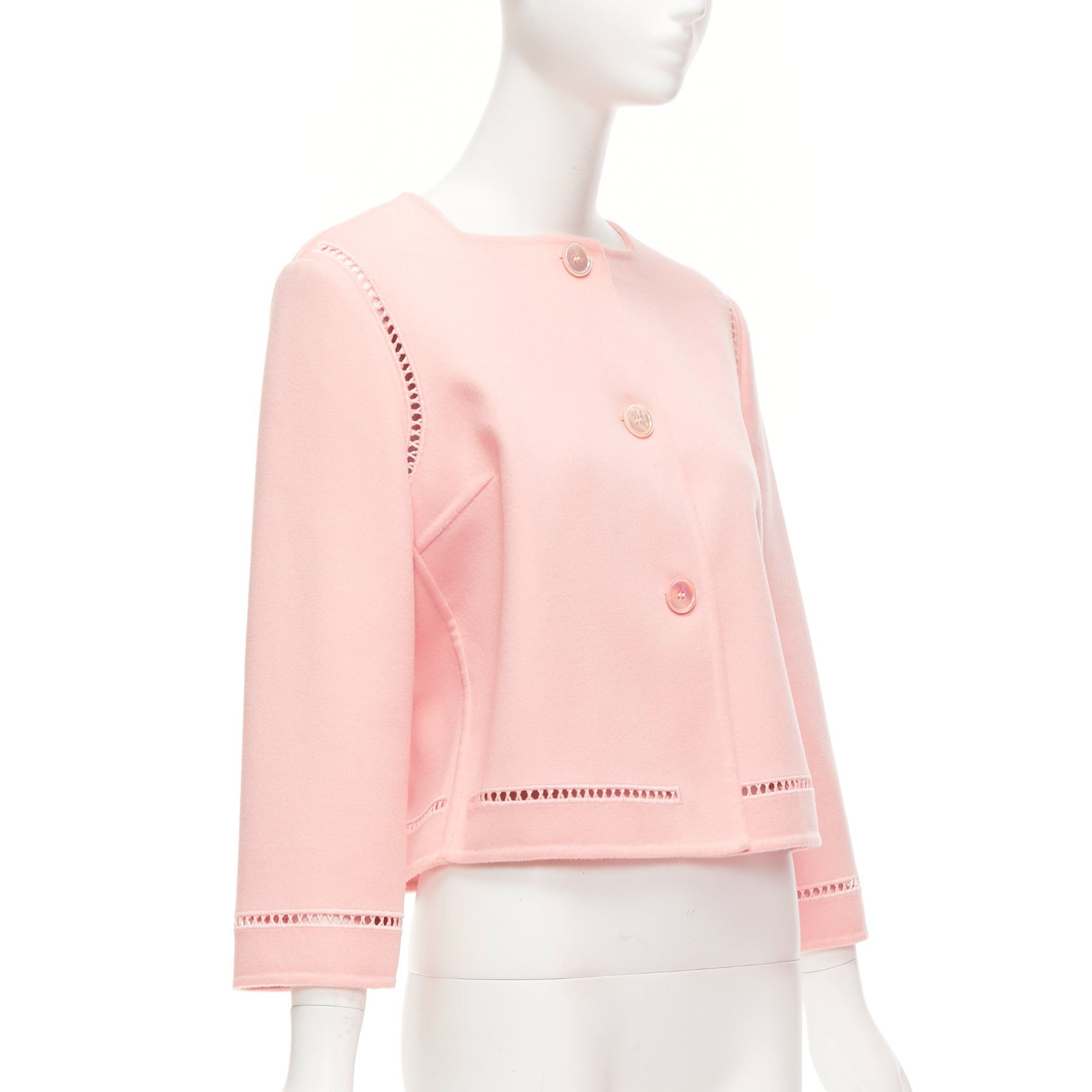 Ermanno Scervino ERMANNO SCERVINO pink 100% virgin wool eyelet trim shell button jacket IT42 M Size M / US 6-8 / IT 42-44 - 3 Thumbnail