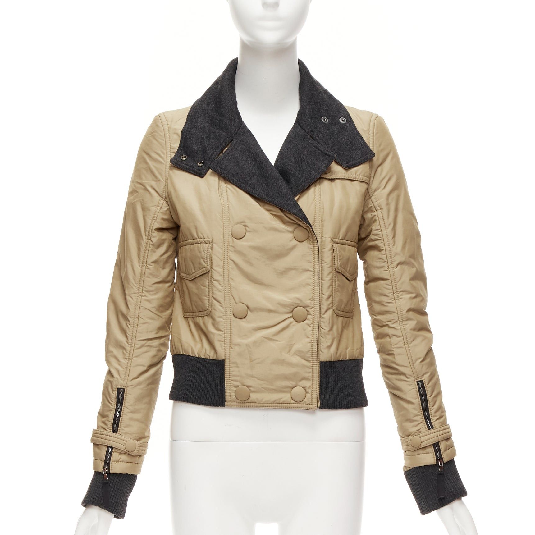 Dolce & Gabbana D&G Vintage beige nylon grey jersey collar zip cuff aviator jacket IT38 XS Size XS / US 0-2 / IT 36-38 - 3 Thumbnail
