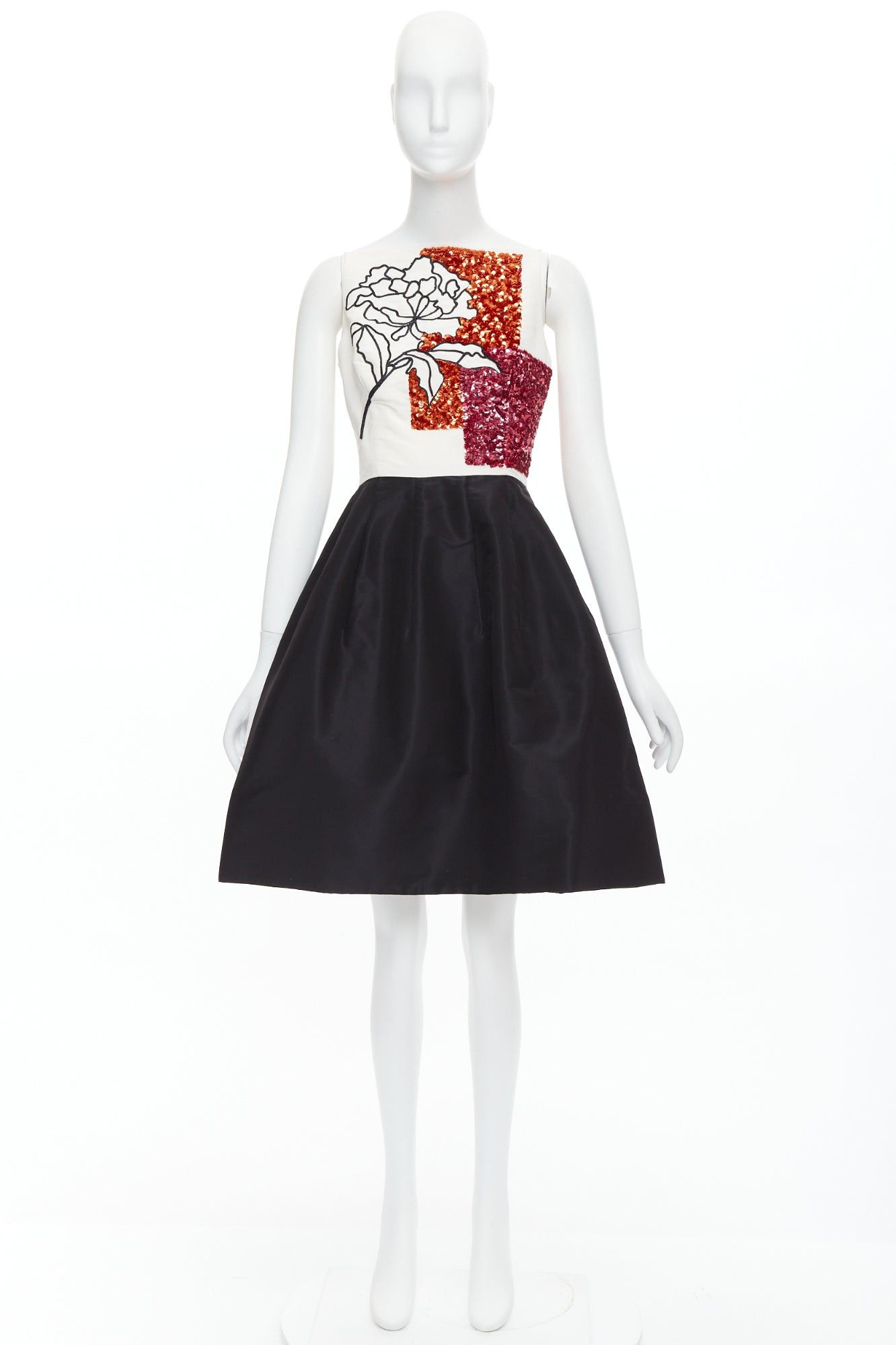 Oscar De La Renta OSCAR DE LA RENTA 2018 cream black silk pink sequined bodice flared dress US4 S Size M / US 6-8 / IT 42-44 - 9 Thumbnail
