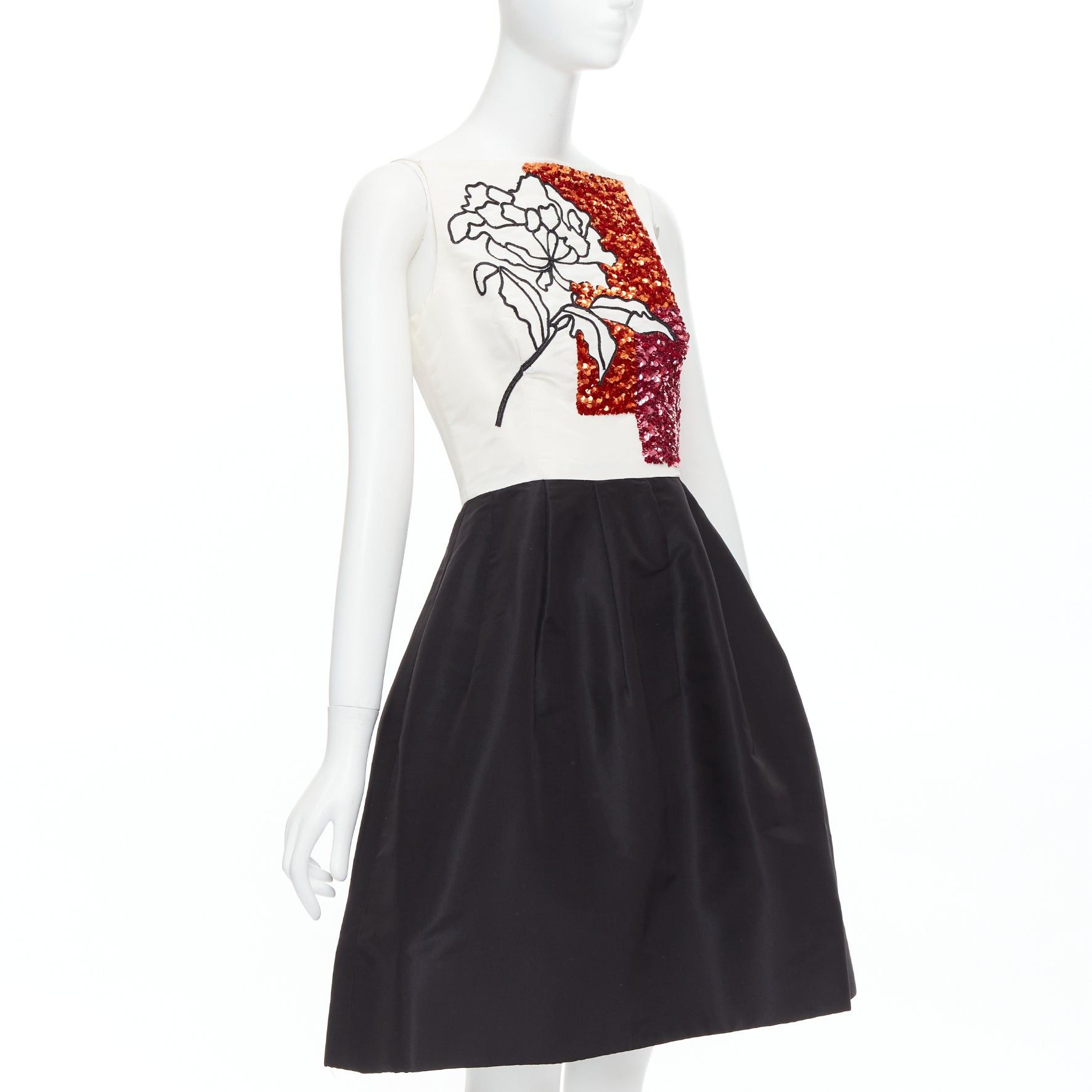 Oscar De La Renta OSCAR DE LA RENTA 2018 cream black silk pink sequined bodice flared dress US4 S Size M / US 6-8 / IT 42-44 - 3 Thumbnail