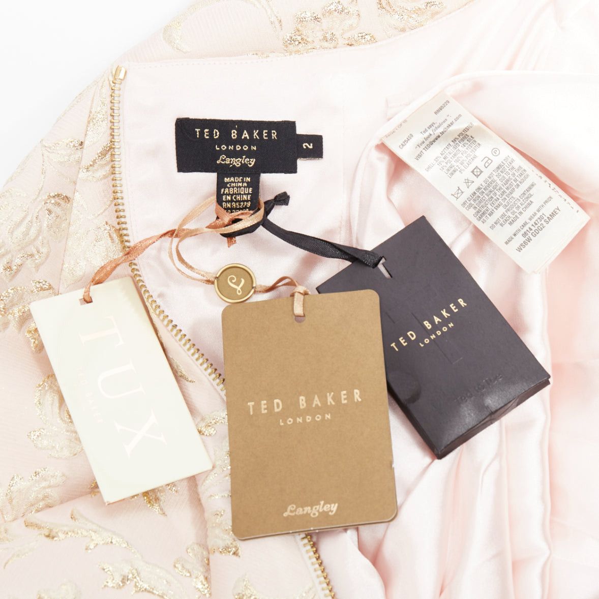 Ted Baker TED BAKER TUX Langley pink acetate blend gold jacquard strapless dress US2 S Size S / US 4 / IT 40 - 8 Thumbnail