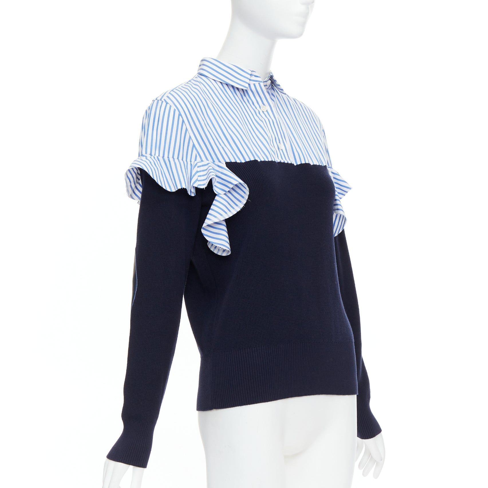 Sacai SACAI blue navy cotton contrast cowhide elbow patch hybrid sweater JP1 S Size S / US 4 / IT 40 - 3 Thumbnail