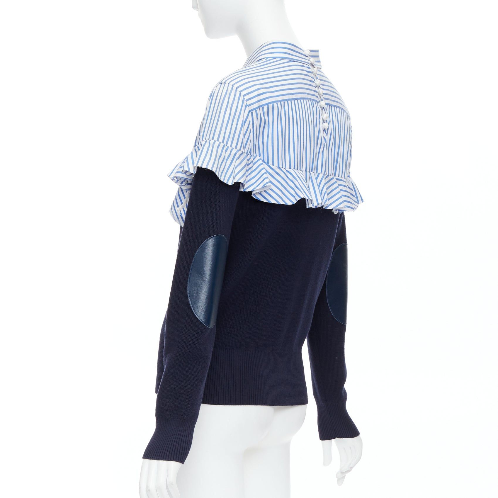 Sacai SACAI blue navy cotton contrast cowhide elbow patch hybrid sweater JP1 S Size S / US 4 / IT 40 - 6 Thumbnail