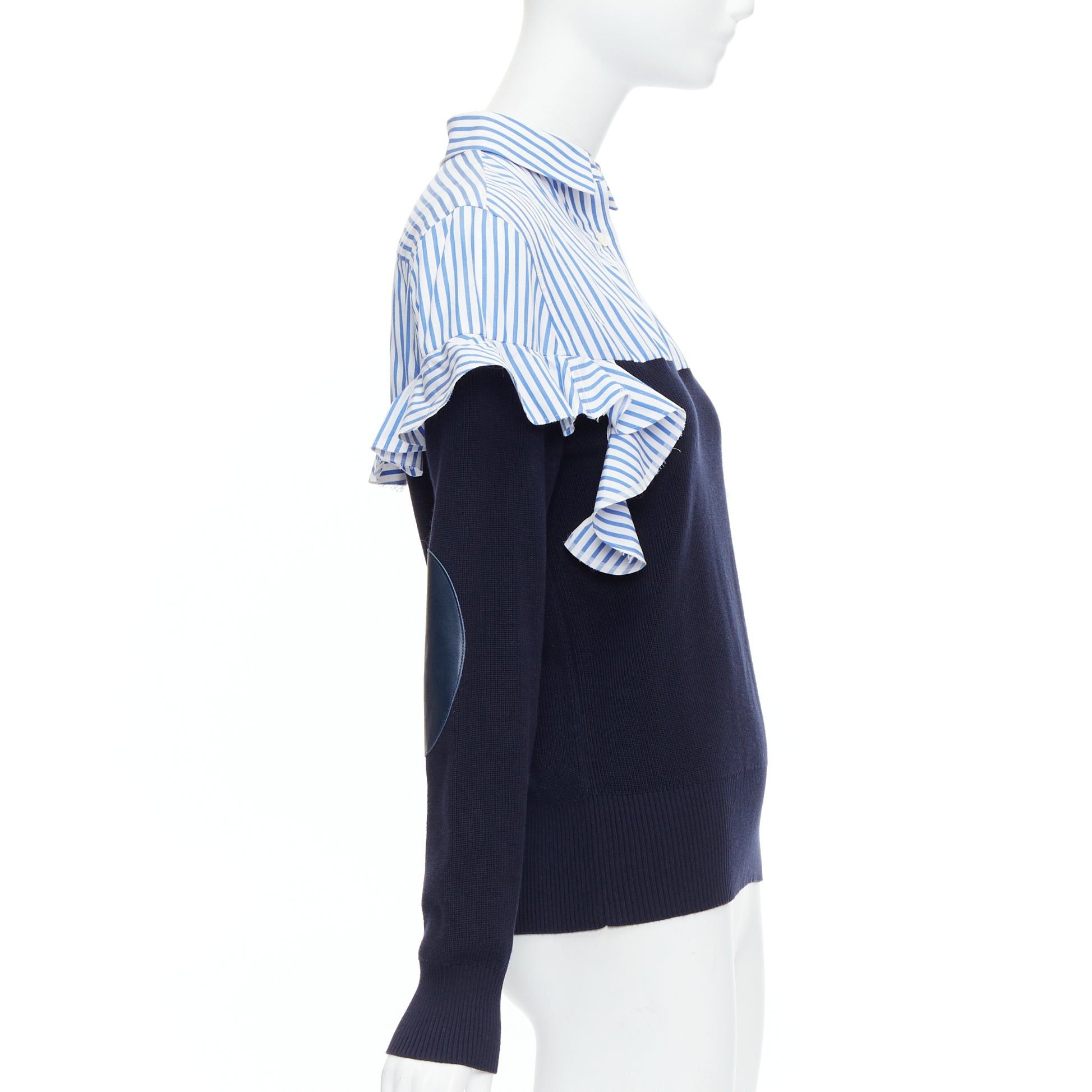 Sacai SACAI blue navy cotton contrast cowhide elbow patch hybrid sweater JP1 S Size S / US 4 / IT 40 - 4 Thumbnail