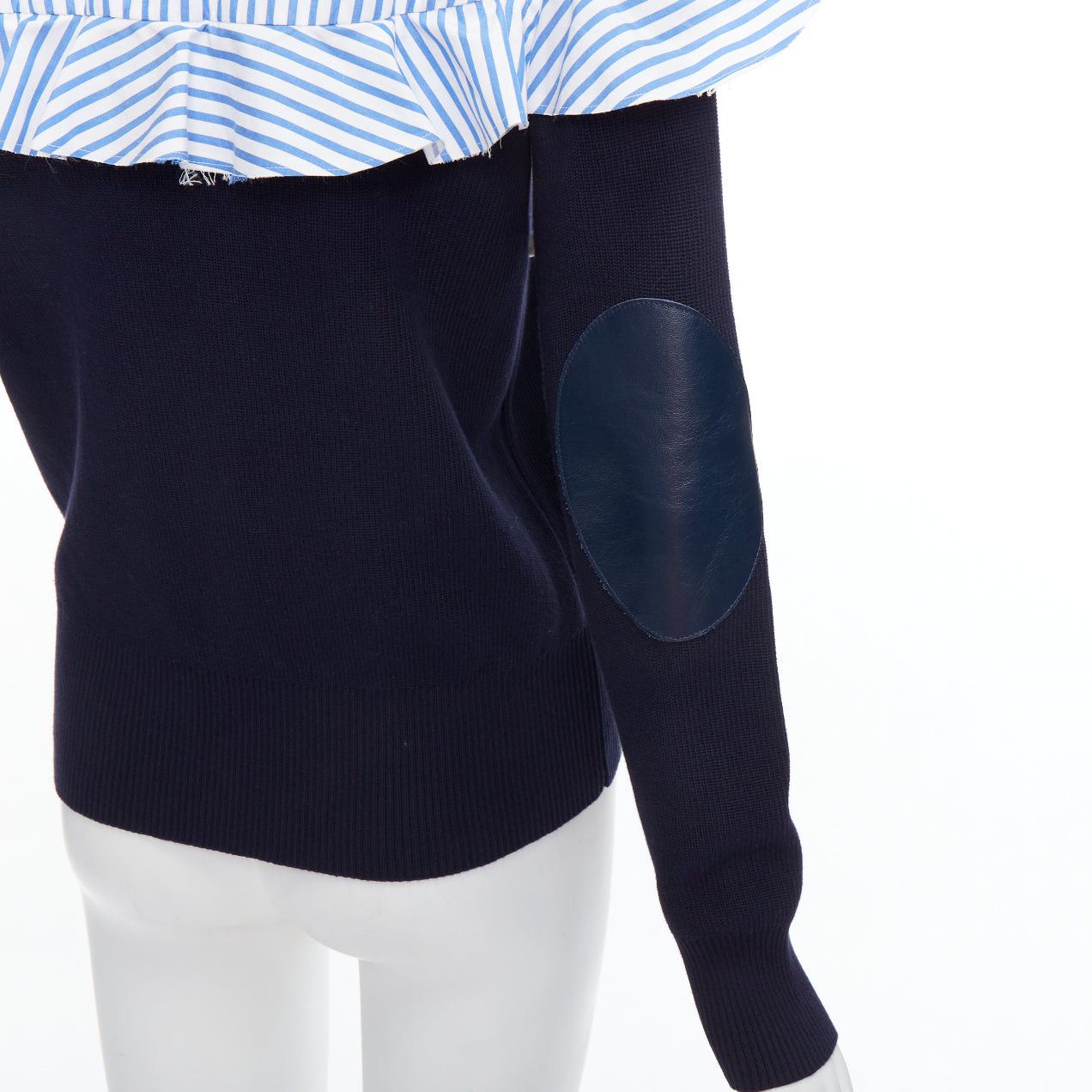 Sacai SACAI blue navy cotton contrast cowhide elbow patch hybrid sweater JP1 S Size S / US 4 / IT 40 - 2 Thumbnail