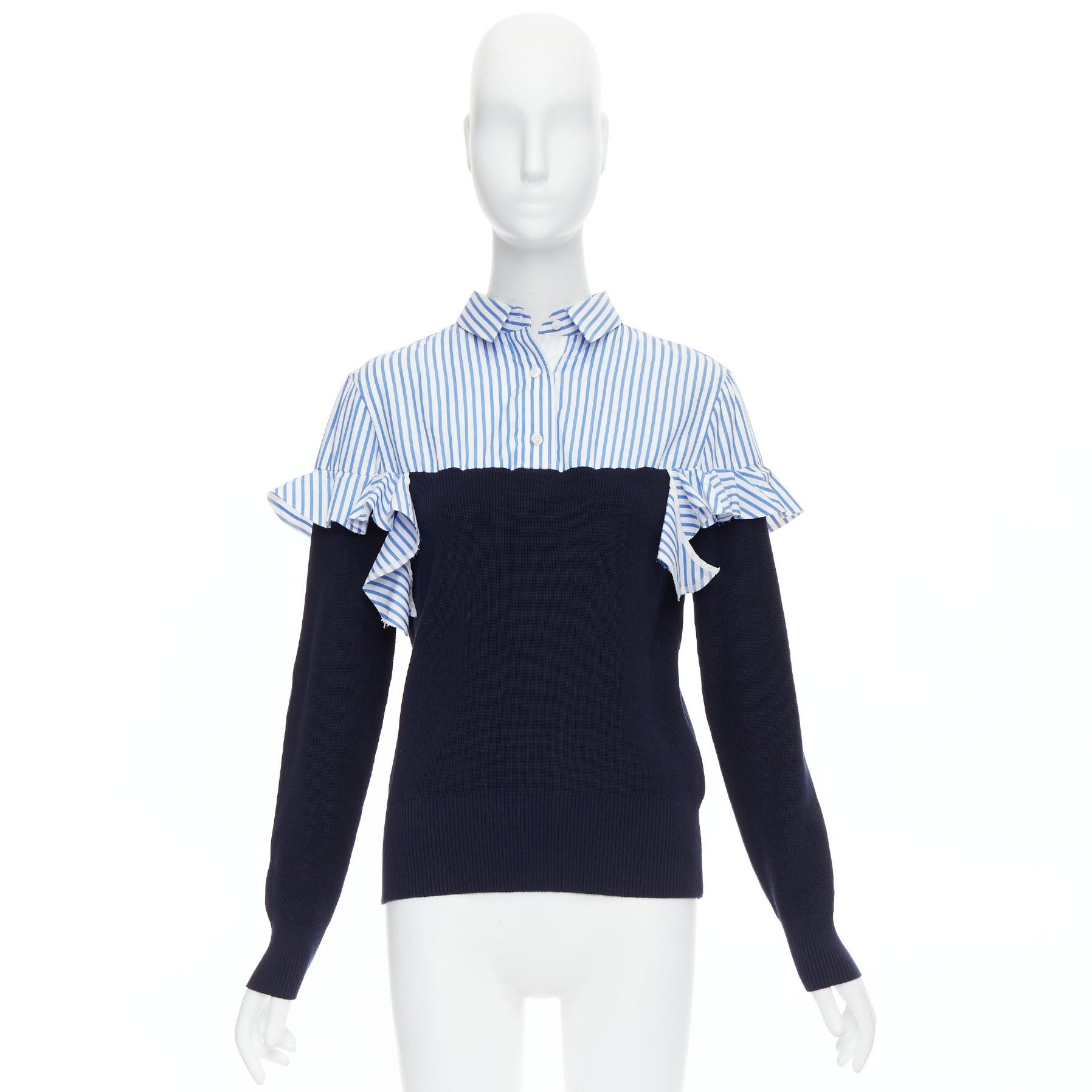 Sacai SACAI blue navy cotton contrast cowhide elbow patch hybrid sweater JP1 S Size S / US 4 / IT 40 - 9 Thumbnail