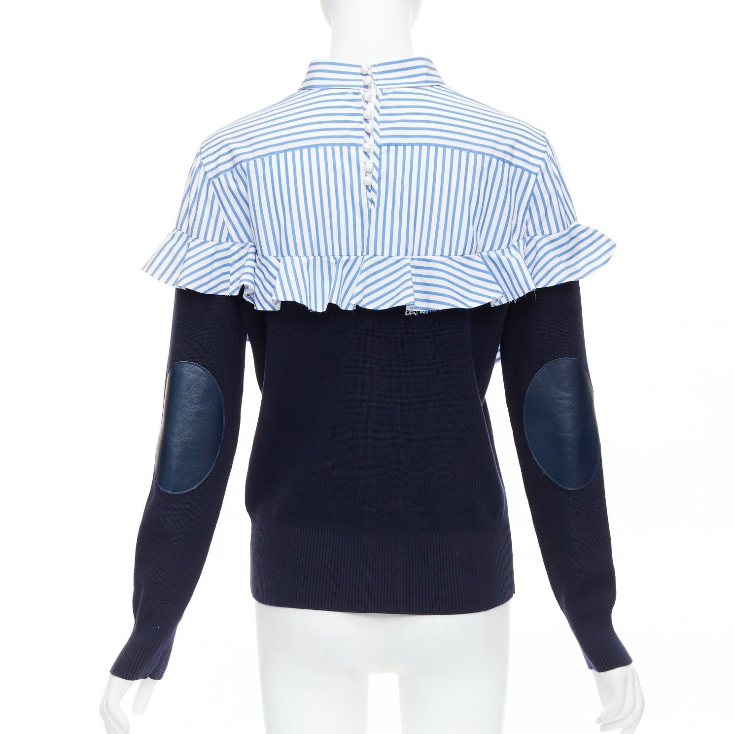 Sacai SACAI blue navy cotton contrast cowhide elbow patch hybrid sweater JP1 S Size S / US 4 / IT 40 - 5 Thumbnail