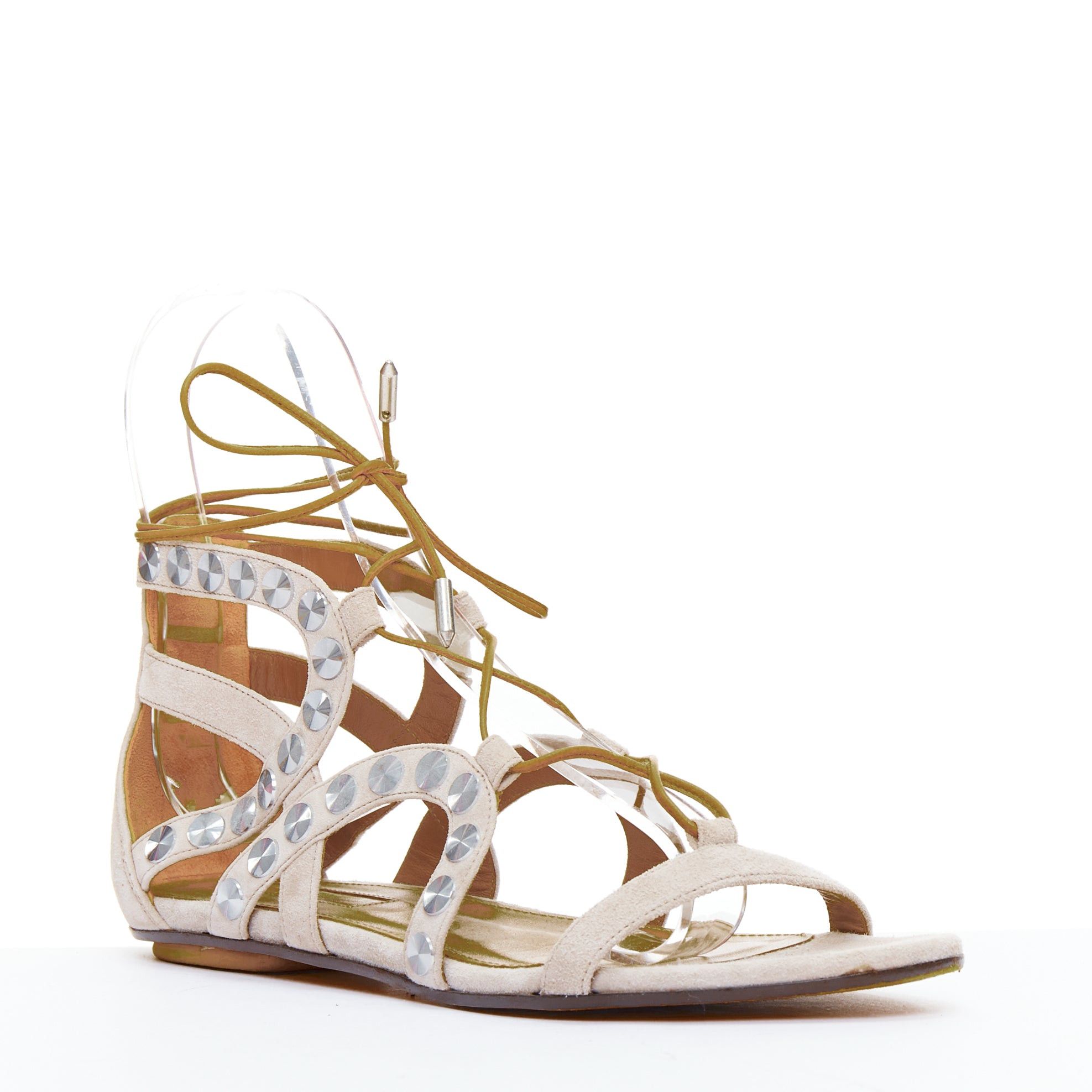 Aquazzura AQUAZZURA beige leather silver disc studded gladiator sandals EU36 Size US 6 / IT 36 - 2 Thumbnail