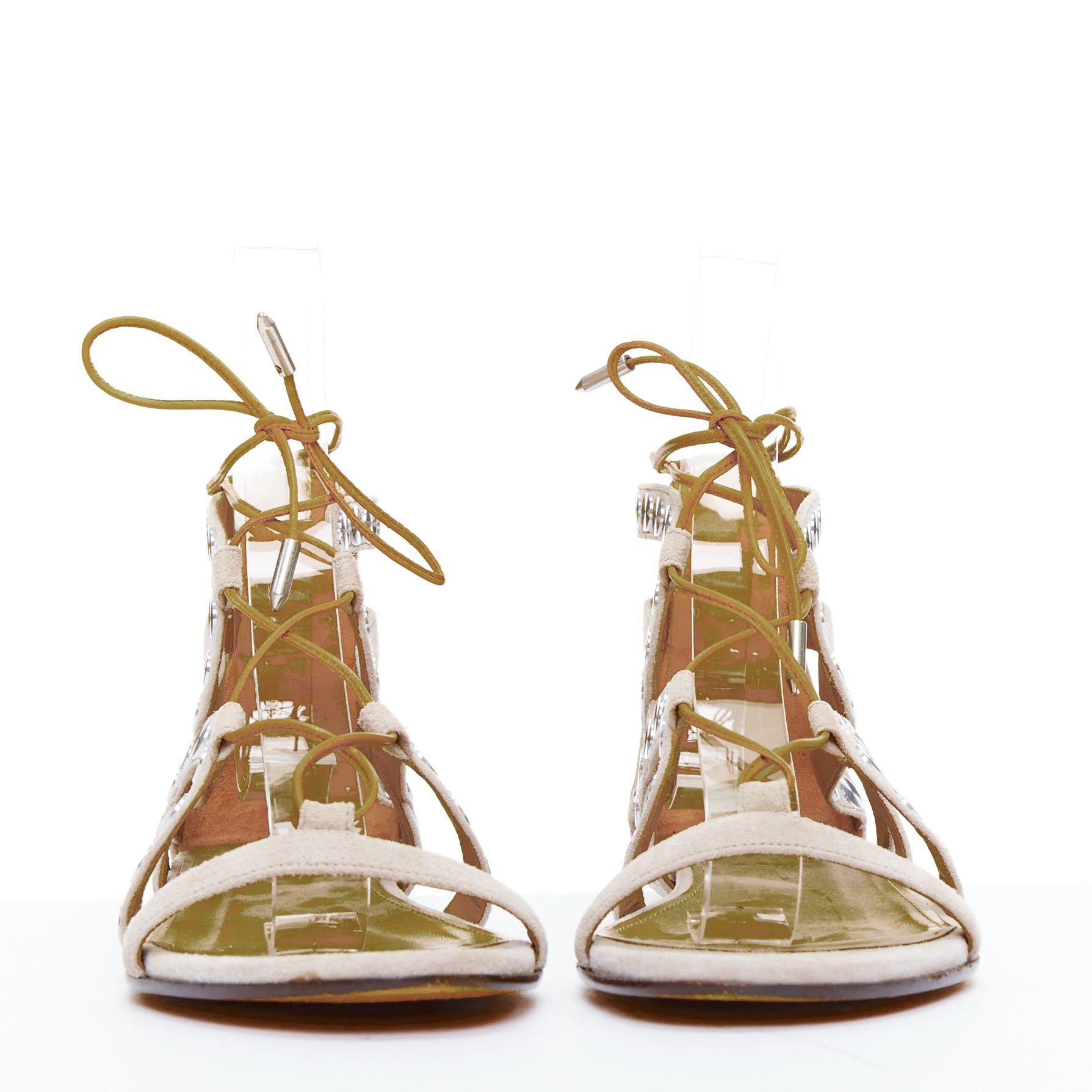 Aquazzura AQUAZZURA beige leather silver disc studded gladiator sandals EU36 Size US 6 / IT 36 - 3 Thumbnail