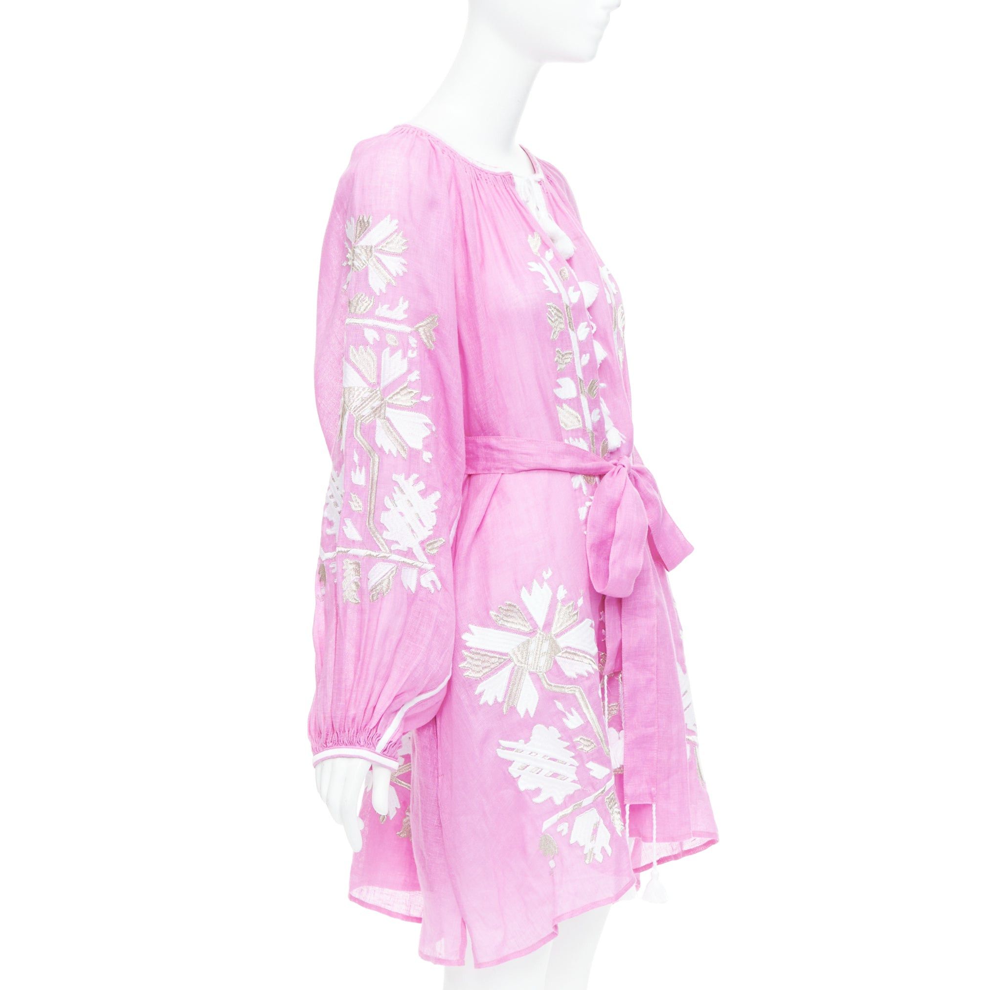 Other MARCH 11 100% linen pink white silver cotton embroidery boho dress S Size S / US 4 / IT 40 - 3 Thumbnail