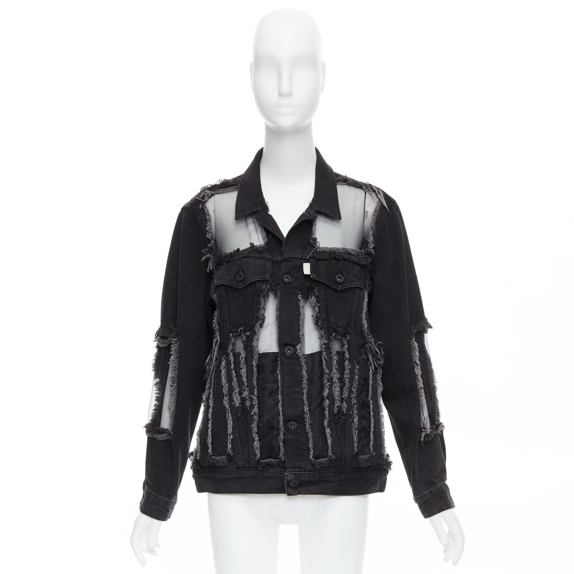 Off-White OFF WHITE black denim organza mesh panel frayed jacket XS Size S / US 4 / IT 40 - 9 Thumbnail