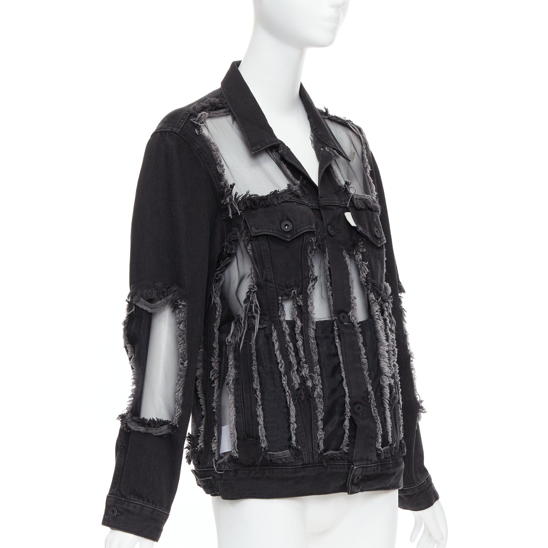 Off-White OFF WHITE black denim organza mesh panel frayed jacket XS Size S / US 4 / IT 40 - 3 Thumbnail