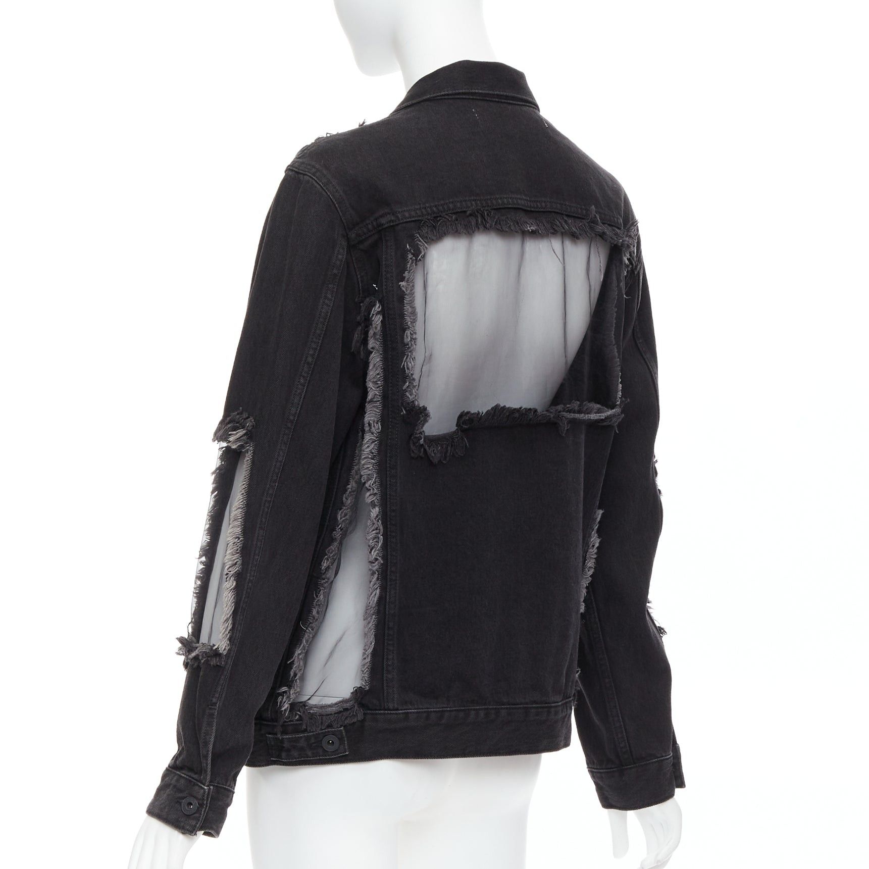 Off-White OFF WHITE black denim organza mesh panel frayed jacket XS Size S / US 4 / IT 40 - 6 Thumbnail
