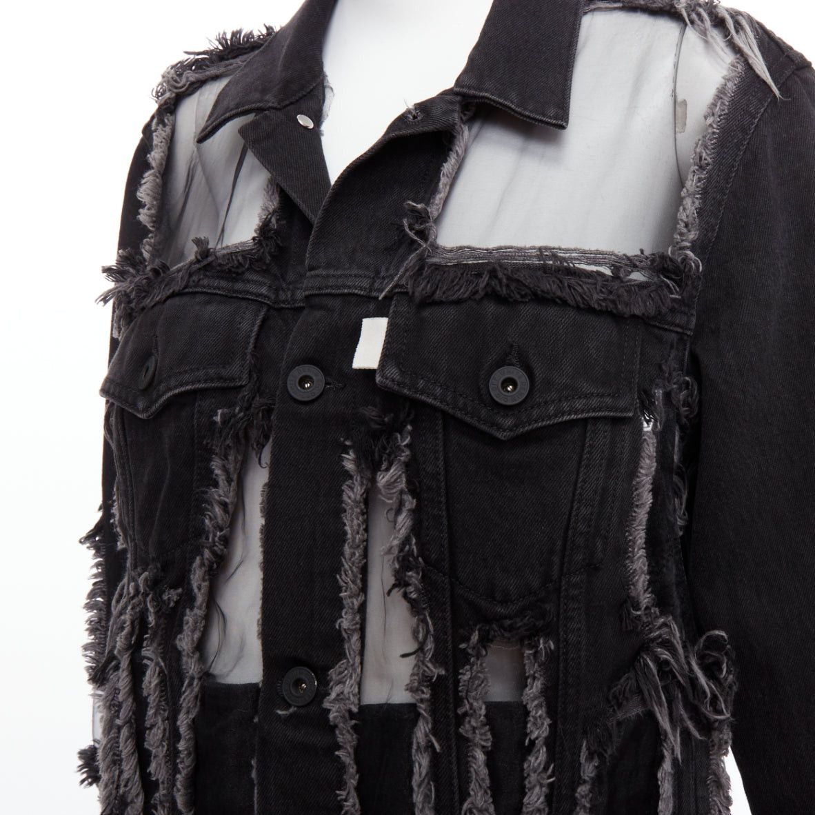 Off-White OFF WHITE black denim organza mesh panel frayed jacket XS Size S / US 4 / IT 40 - 2 Thumbnail