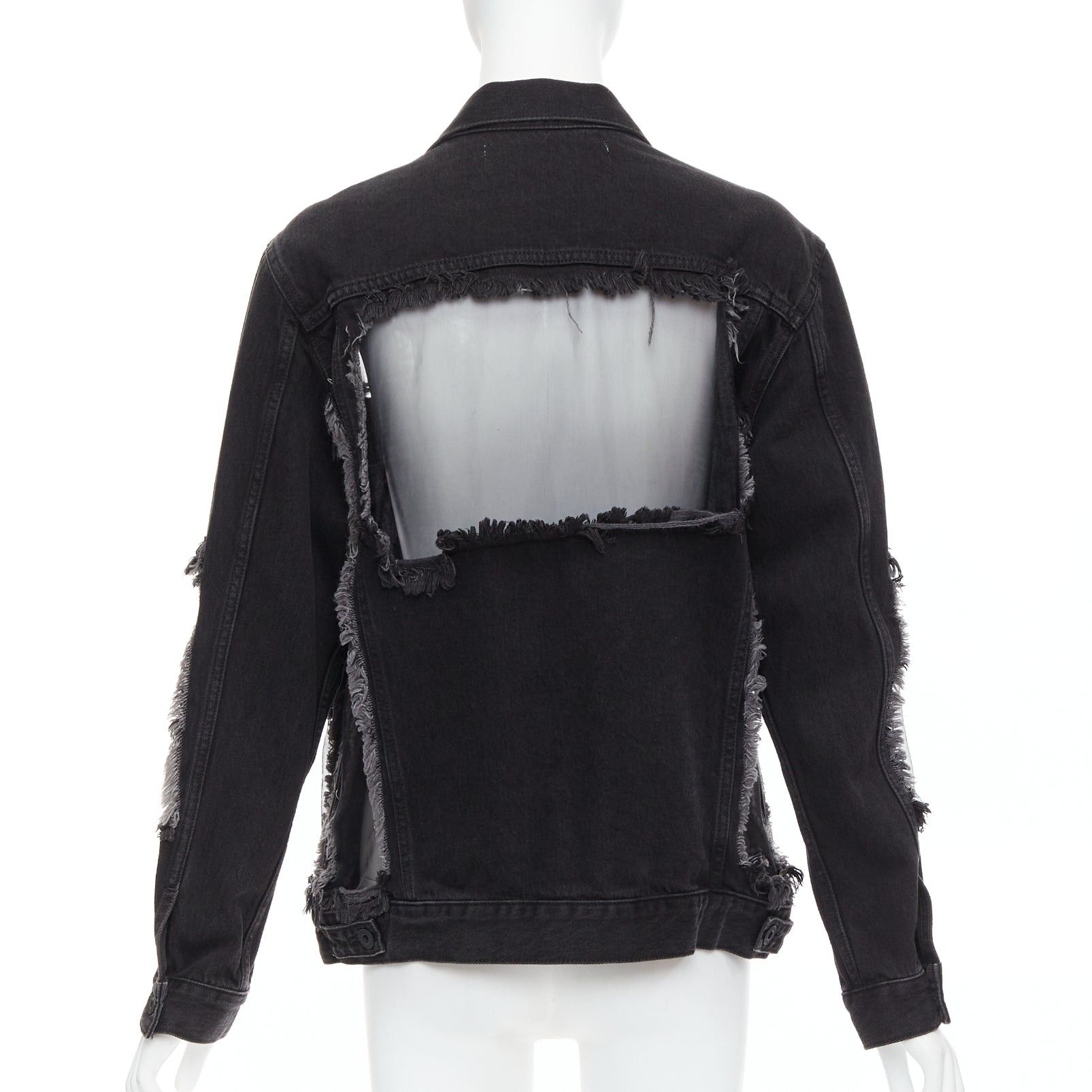 Off-White OFF WHITE black denim organza mesh panel frayed jacket XS Size S / US 4 / IT 40 - 5 Thumbnail