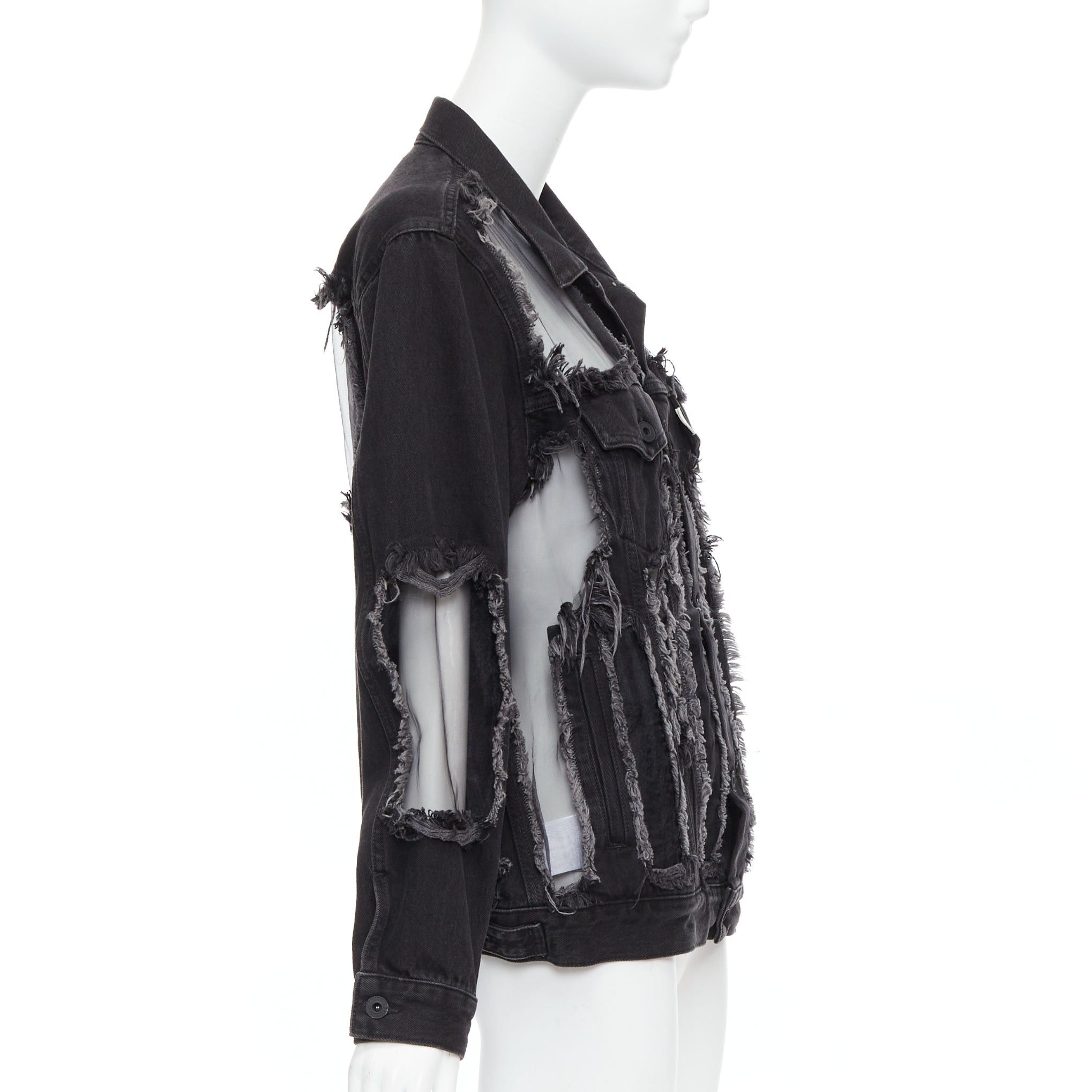 Off-White OFF WHITE black denim organza mesh panel frayed jacket XS Size S / US 4 / IT 40 - 4 Thumbnail