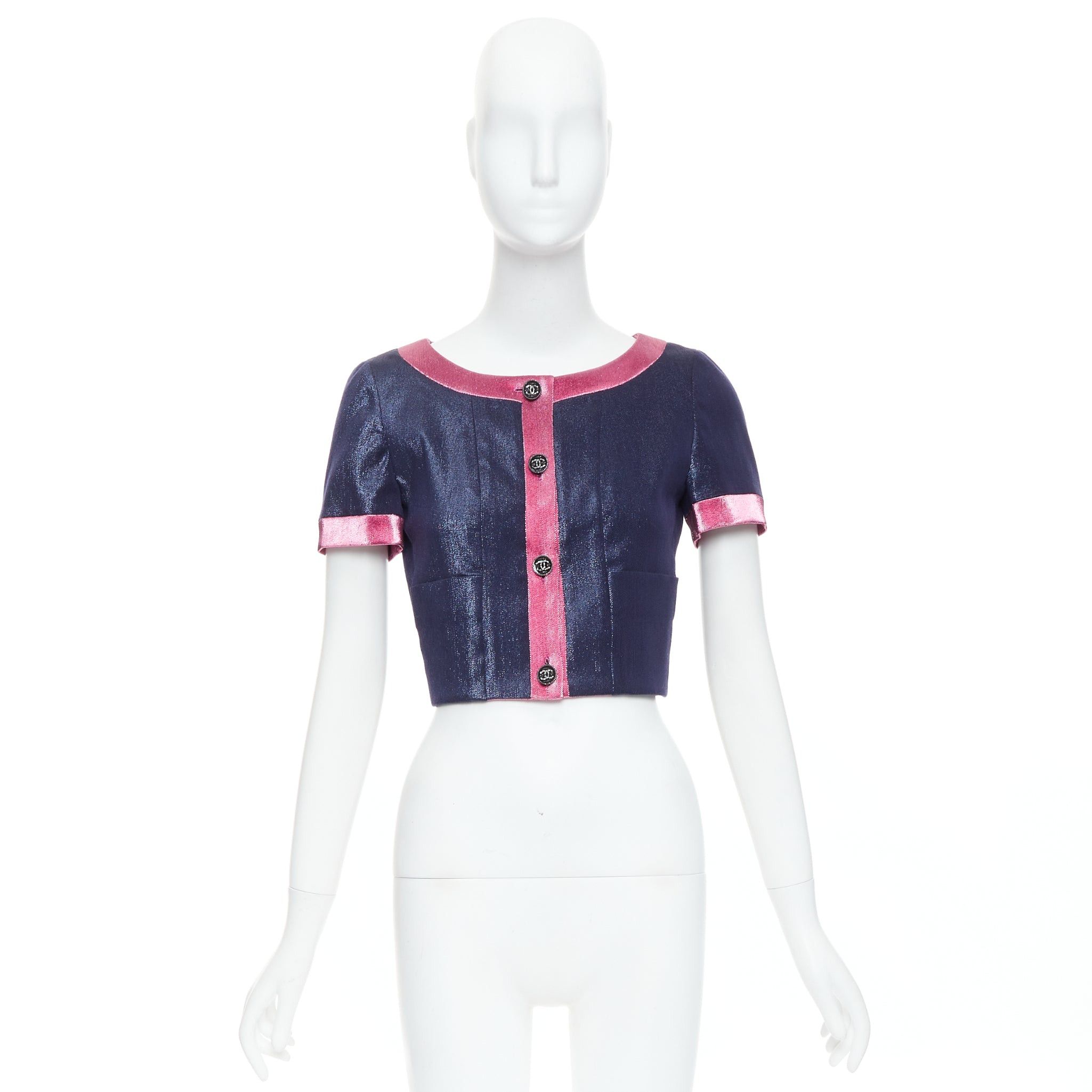 Chanel CHANEL 22K navy pink metallic wool blend cropped jacket FR36 S Size S / US 4 / IT 40 - 10 Thumbnail