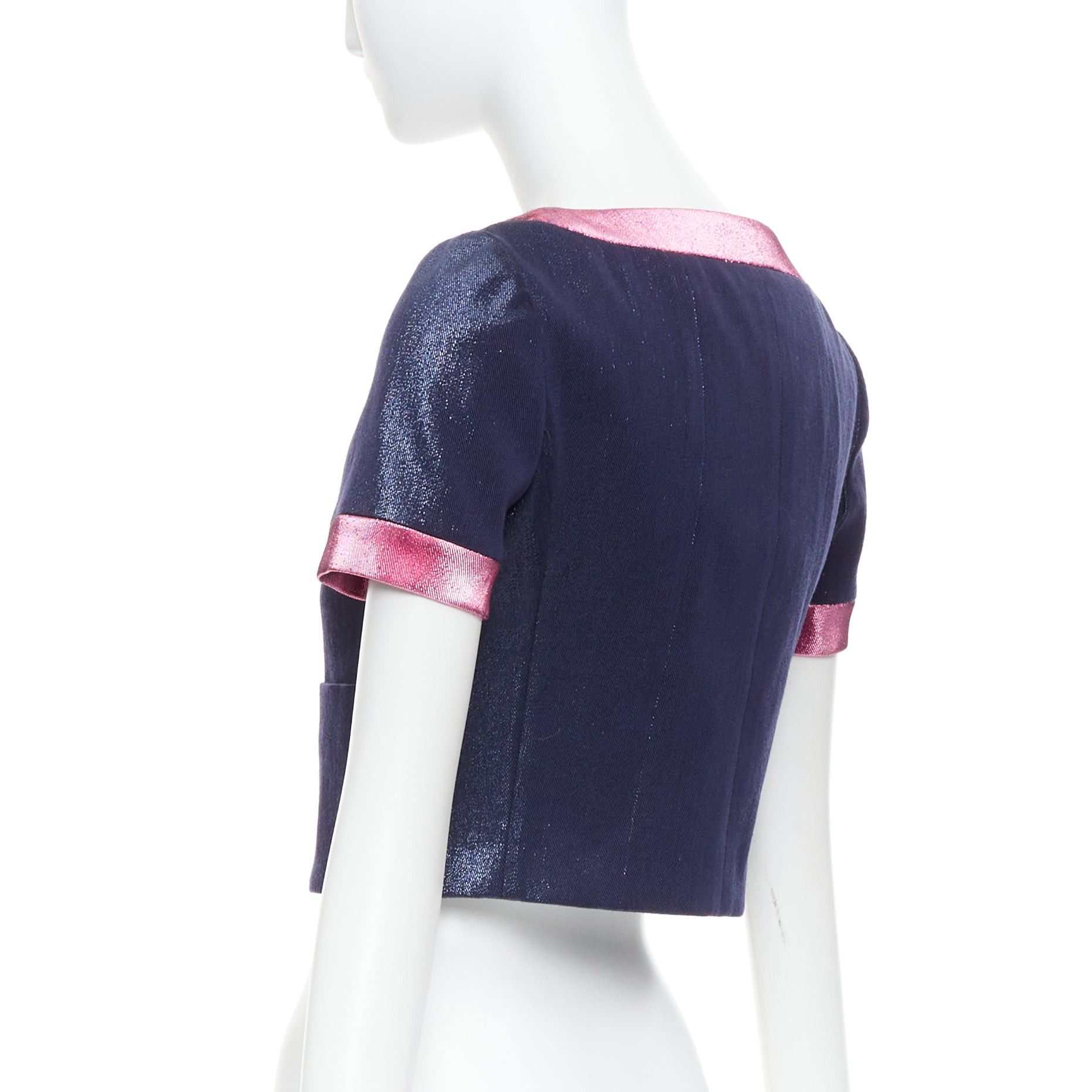 Chanel CHANEL 22K navy pink metallic wool blend cropped jacket FR36 S Size S / US 4 / IT 40 - 7 Thumbnail
