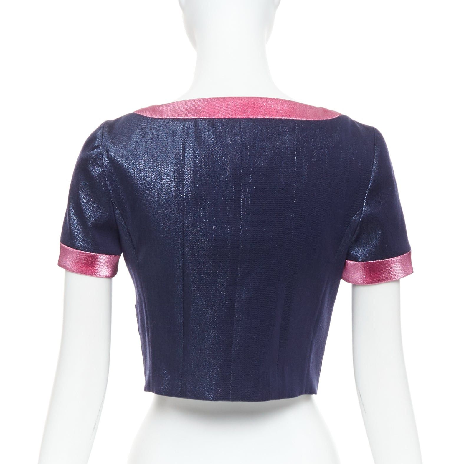 Chanel CHANEL 22K navy pink metallic wool blend cropped jacket FR36 S Size S / US 4 / IT 40 - 6 Thumbnail