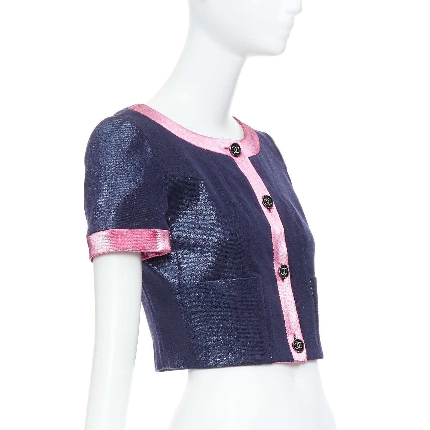 Chanel CHANEL 22K navy pink metallic wool blend cropped jacket FR36 S Size S / US 4 / IT 40 - 4 Thumbnail