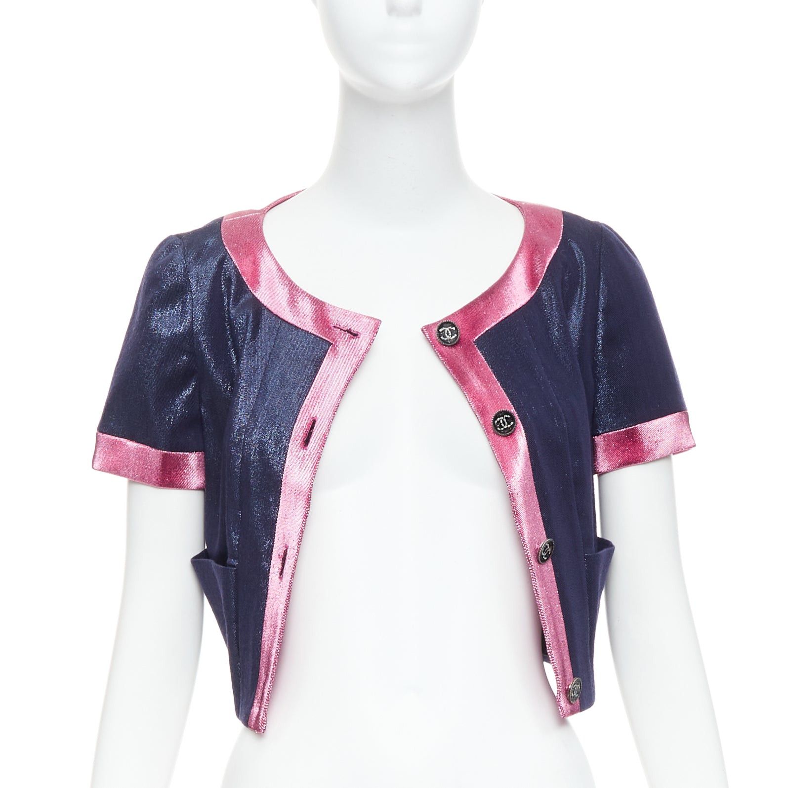 Chanel CHANEL 22K navy pink metallic wool blend cropped jacket FR36 S Size S / US 4 / IT 40 - 3 Thumbnail