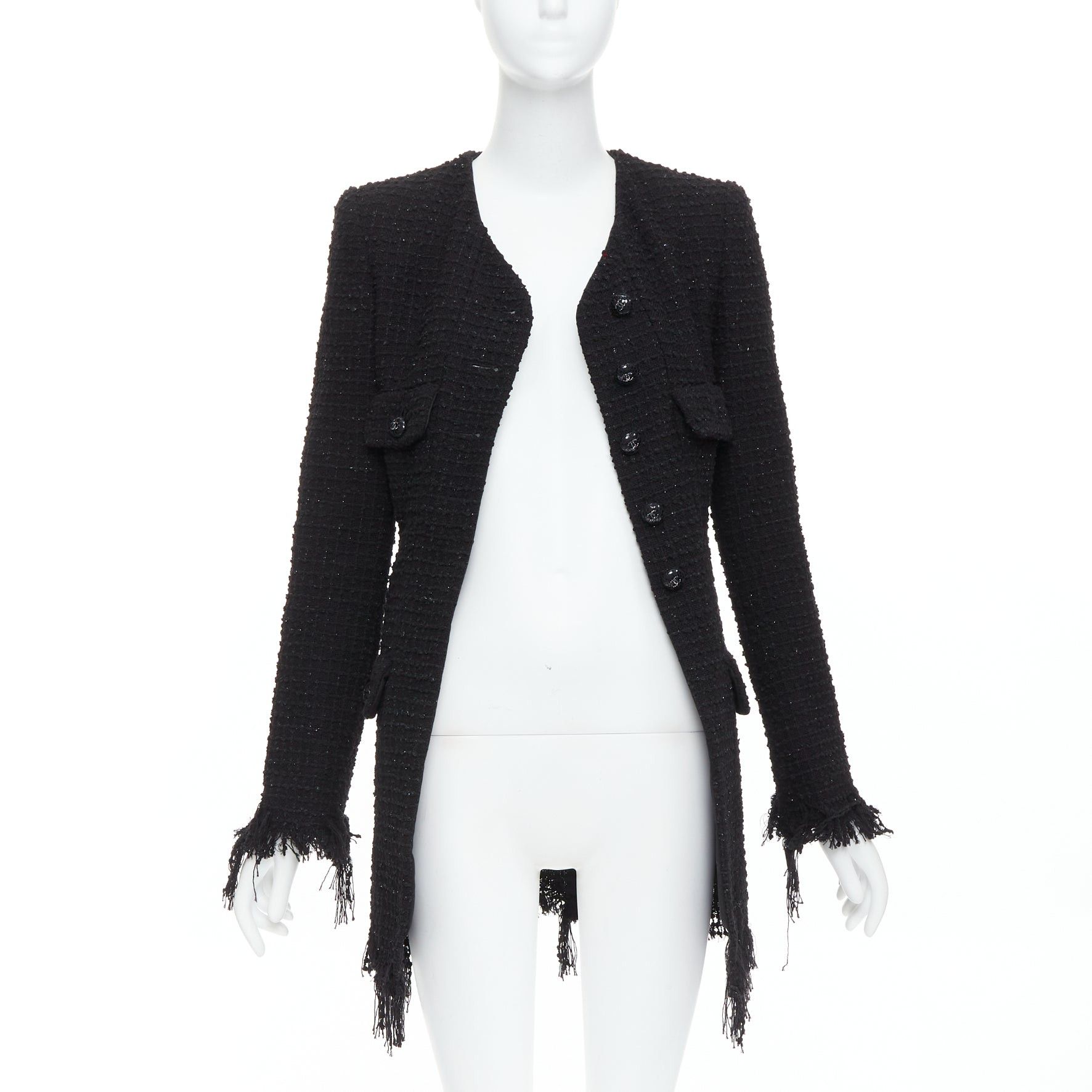 Chanel CHANEL 22C Runway black tweed fringe trim 4 pocket long jacket FR36 S Size S / US 4 / IT 40 - 3 Thumbnail