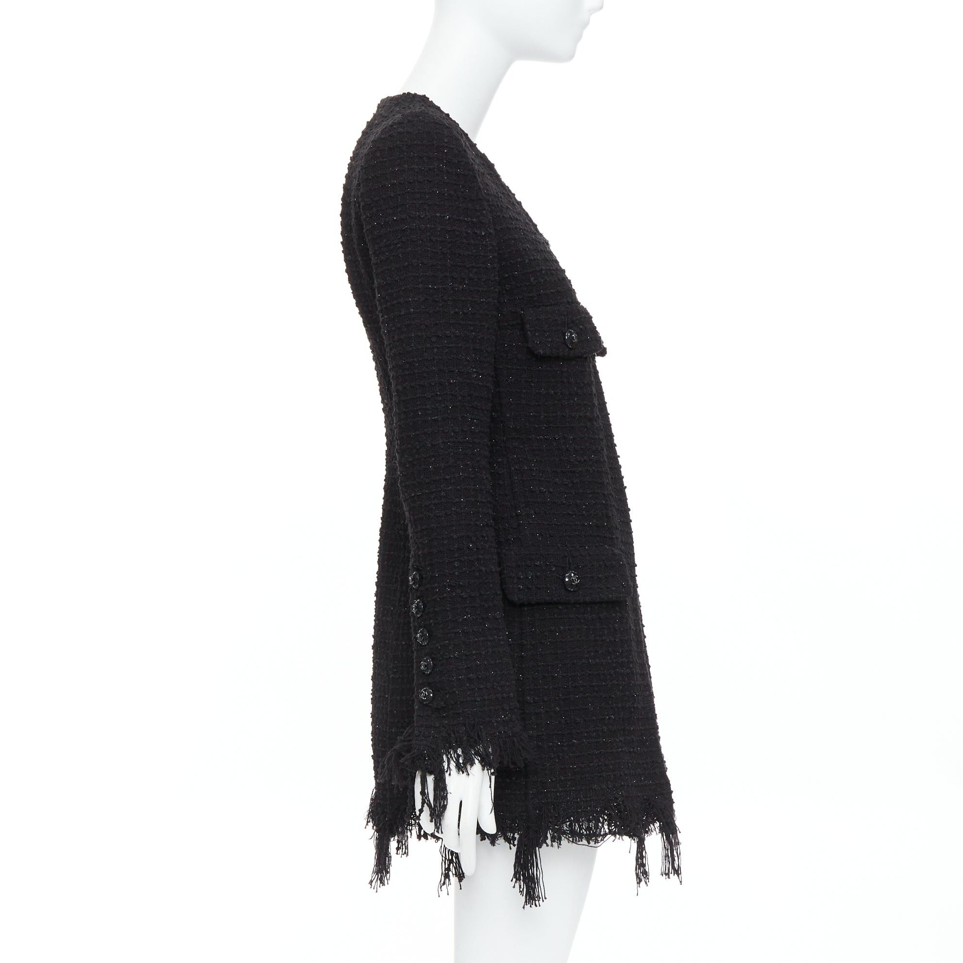 Chanel CHANEL 22C Runway black tweed fringe trim 4 pocket long jacket FR36 S Size S / US 4 / IT 40 - 5 Thumbnail