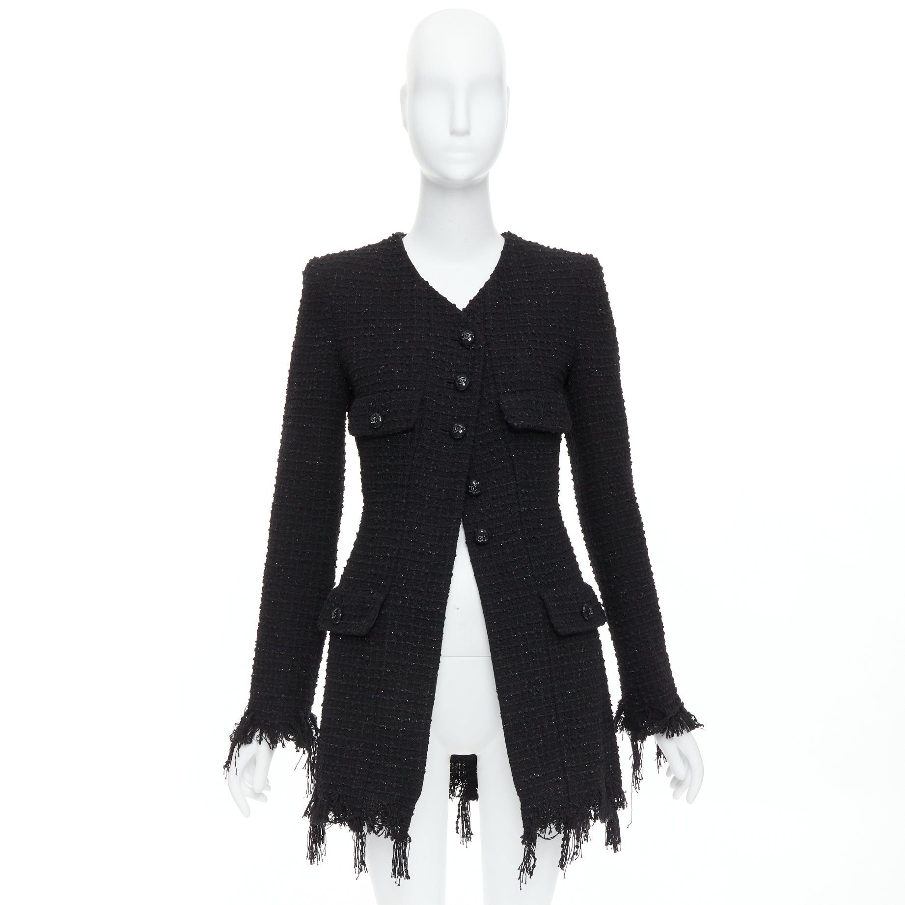 Chanel CHANEL 22C Runway black tweed fringe trim 4 pocket long jacket FR36 S Size S / US 4 / IT 40 - 11 Thumbnail