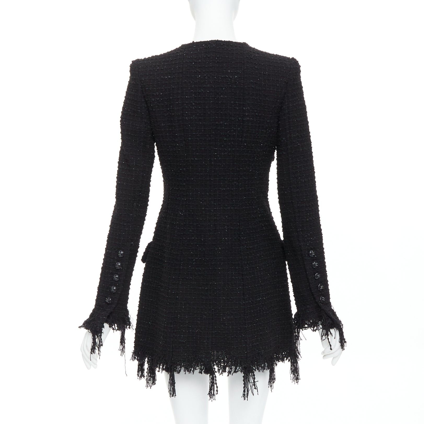 Chanel CHANEL 22C Runway black tweed fringe trim 4 pocket long jacket FR36 S Size S / US 4 / IT 40 - 6 Thumbnail