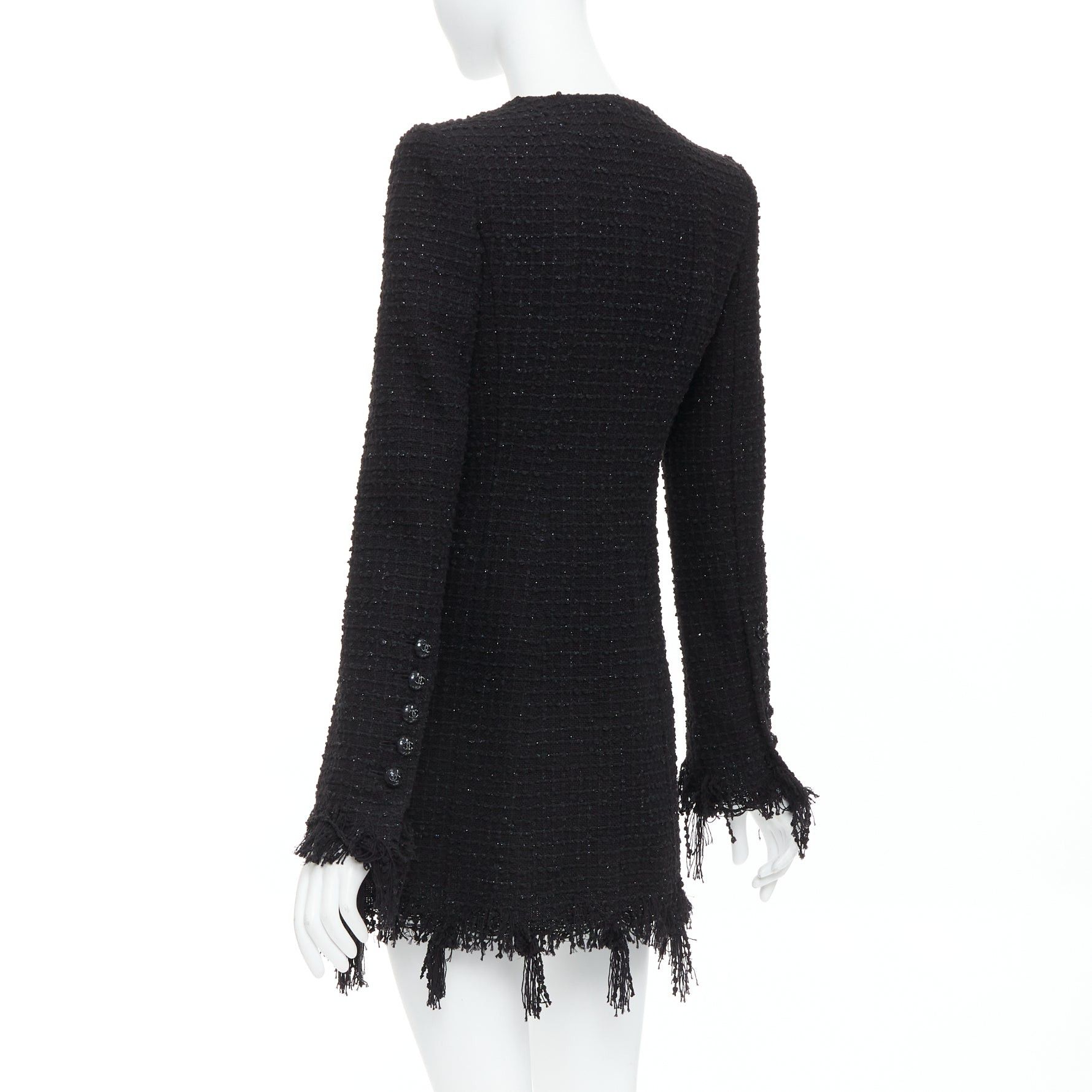 Chanel CHANEL 22C Runway black tweed fringe trim 4 pocket long jacket FR36 S Size S / US 4 / IT 40 - 7 Thumbnail