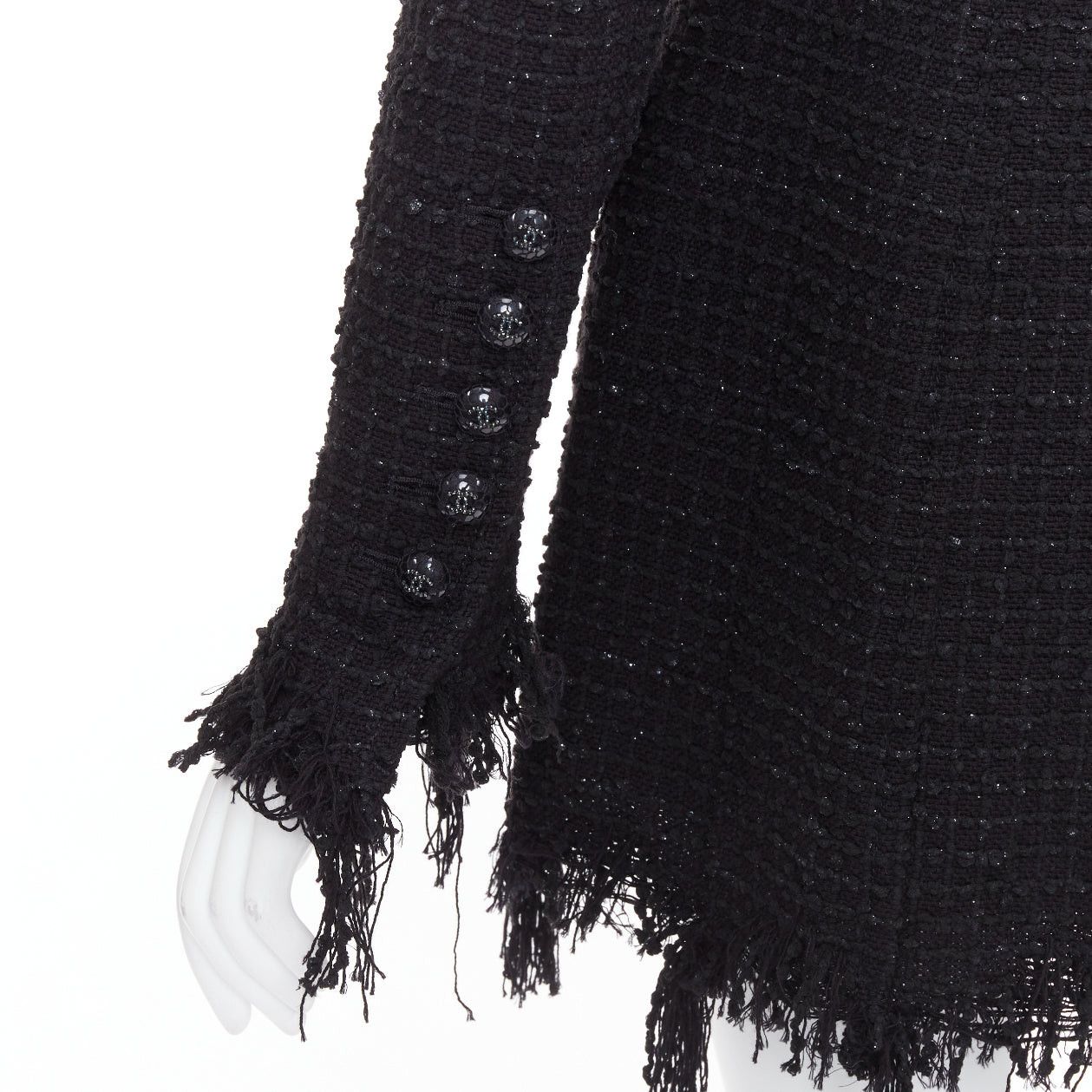 Chanel CHANEL 22C Runway black tweed fringe trim 4 pocket long jacket FR36 S Size S / US 4 / IT 40 - 2 Thumbnail
