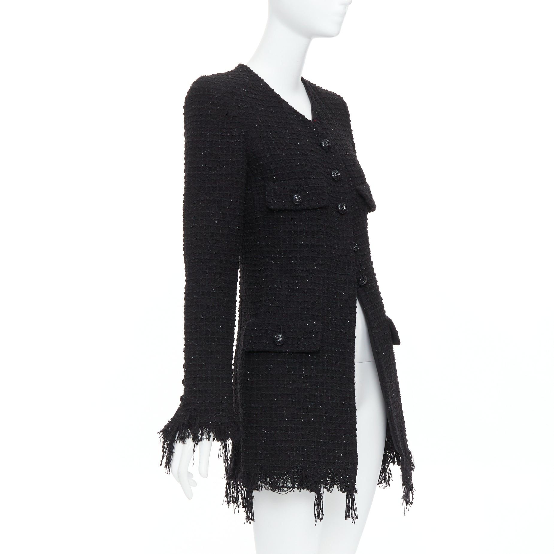 Chanel CHANEL 22C Runway black tweed fringe trim 4 pocket long jacket FR36 S Size S / US 4 / IT 40 - 4 Thumbnail