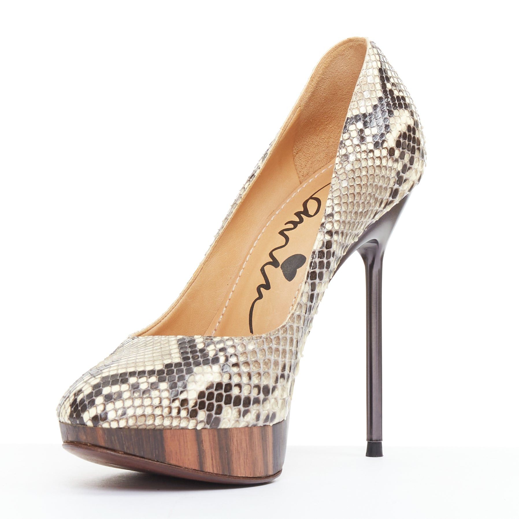 Lanvin LANVIN 2011 beige scaled leather brown wood platform pumps EU36.5 Size US 6.5 / IT 36.5 - 4 Thumbnail
