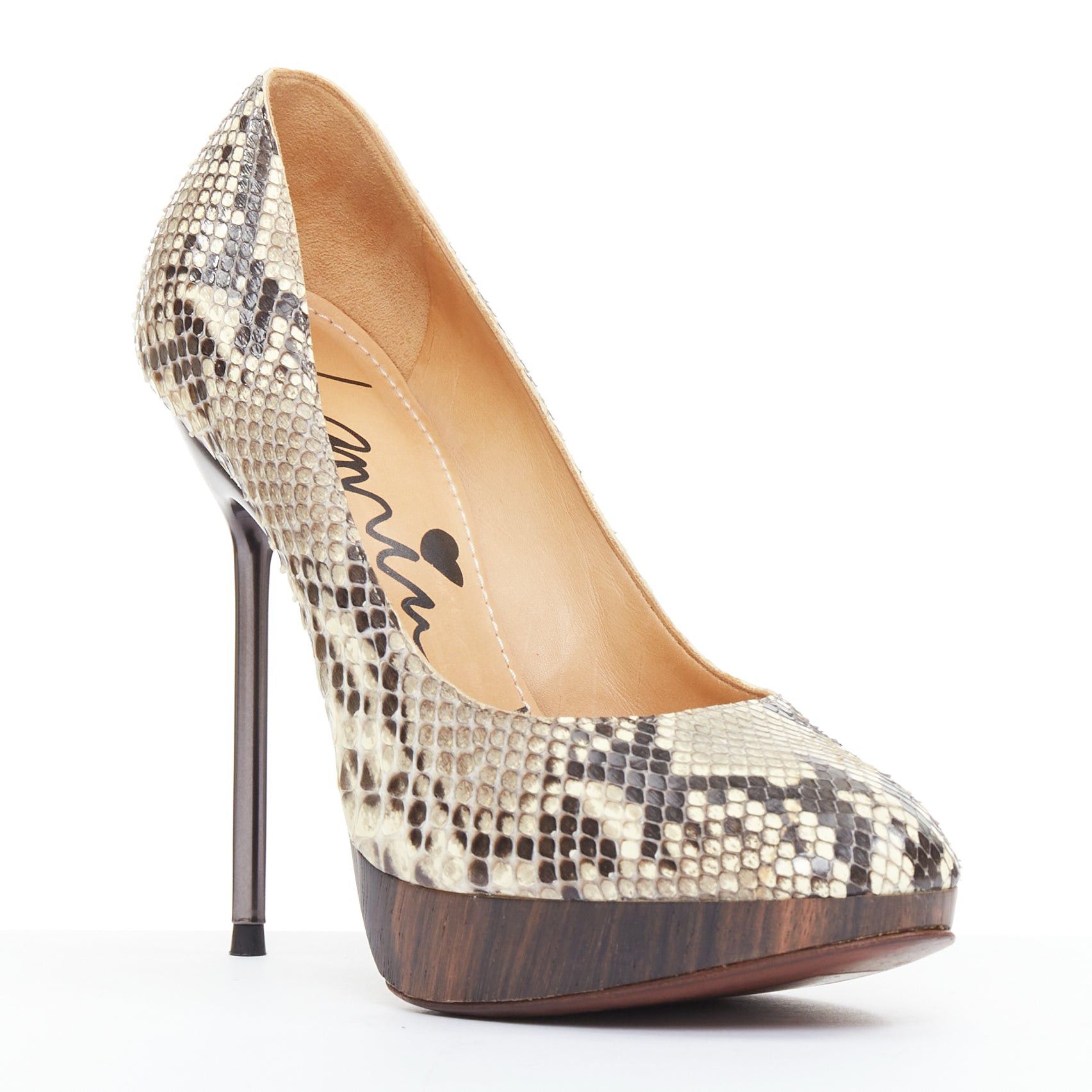 Lanvin LANVIN 2011 beige scaled leather brown wood platform pumps EU36.5 Size US 6.5 / IT 36.5 - 2 Thumbnail