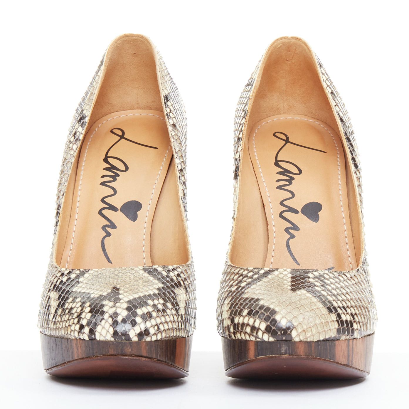 Lanvin LANVIN 2011 beige scaled leather brown wood platform pumps EU36.5 Size US 6.5 / IT 36.5 - 3 Thumbnail