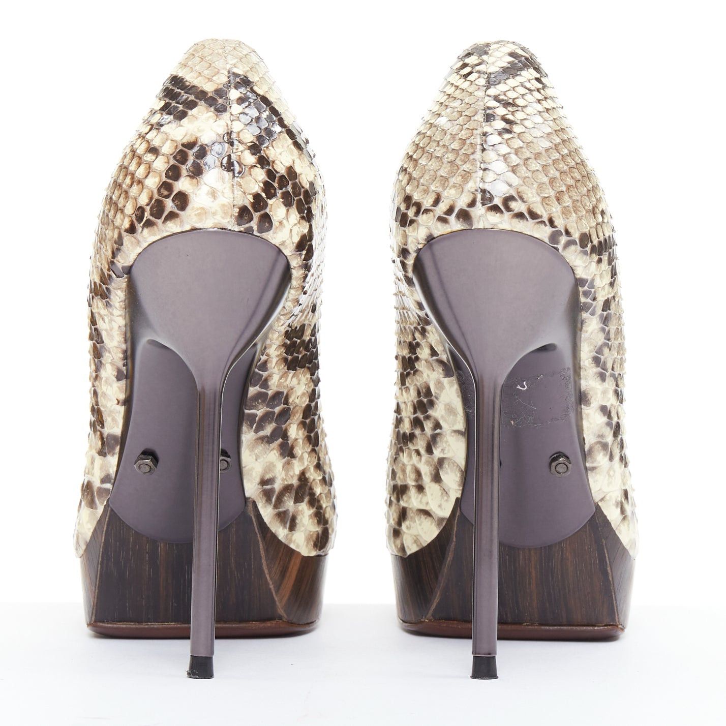 Lanvin LANVIN 2011 beige scaled leather brown wood platform pumps EU36.5 Size US 6.5 / IT 36.5 - 5 Thumbnail