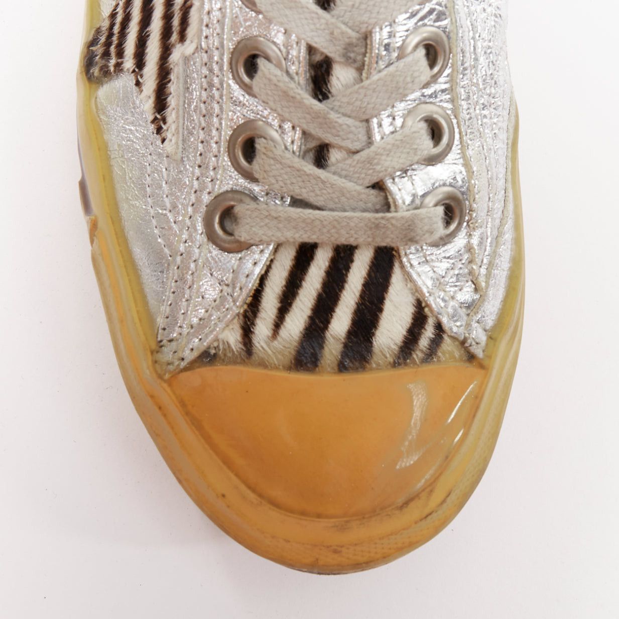 Golden Goose GOLDEN GOOSE May grey suede leopard calf hair silver lace distressed sneakers EU37 Size US 7 / IT 37 - 6 Thumbnail