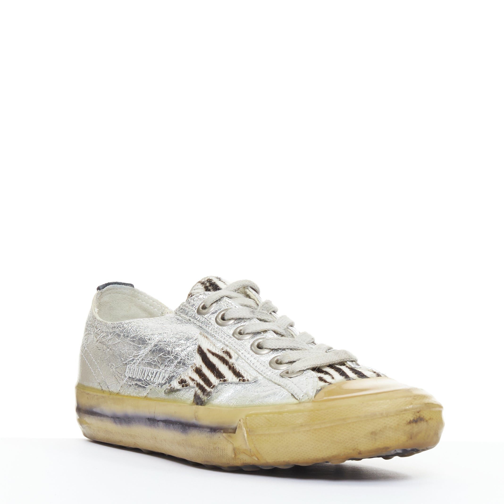 Golden Goose GOLDEN GOOSE May grey suede leopard calf hair silver lace distressed sneakers EU37 Size US 7 / IT 37 - 3 Thumbnail