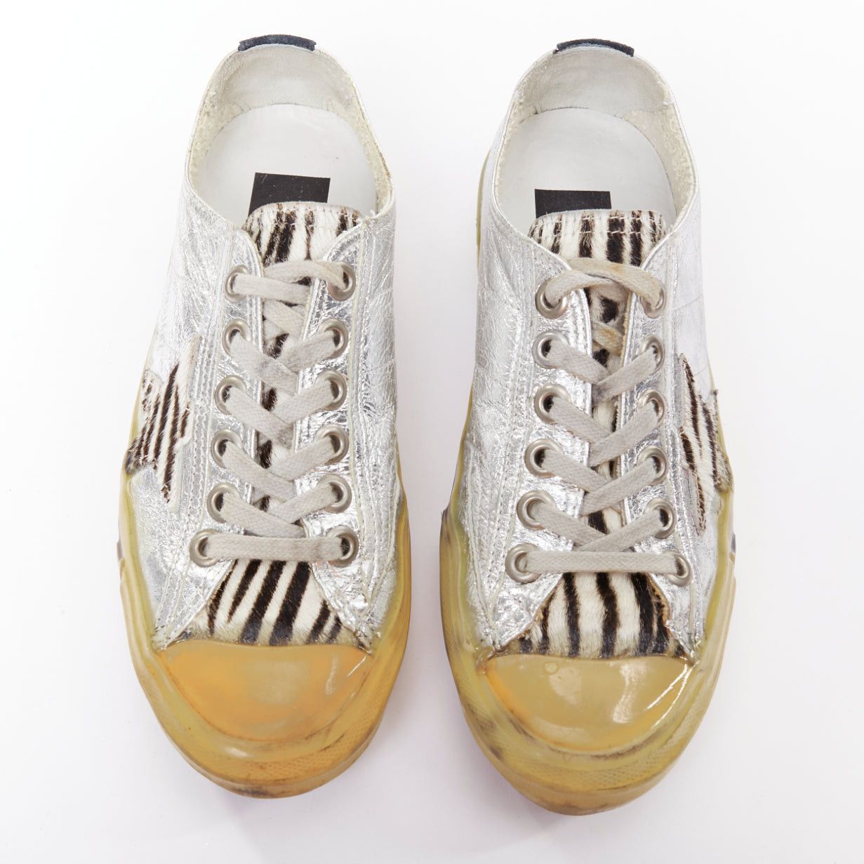 Golden Goose GOLDEN GOOSE May grey suede leopard calf hair silver lace distressed sneakers EU37 Size US 7 / IT 37 - 2 Thumbnail