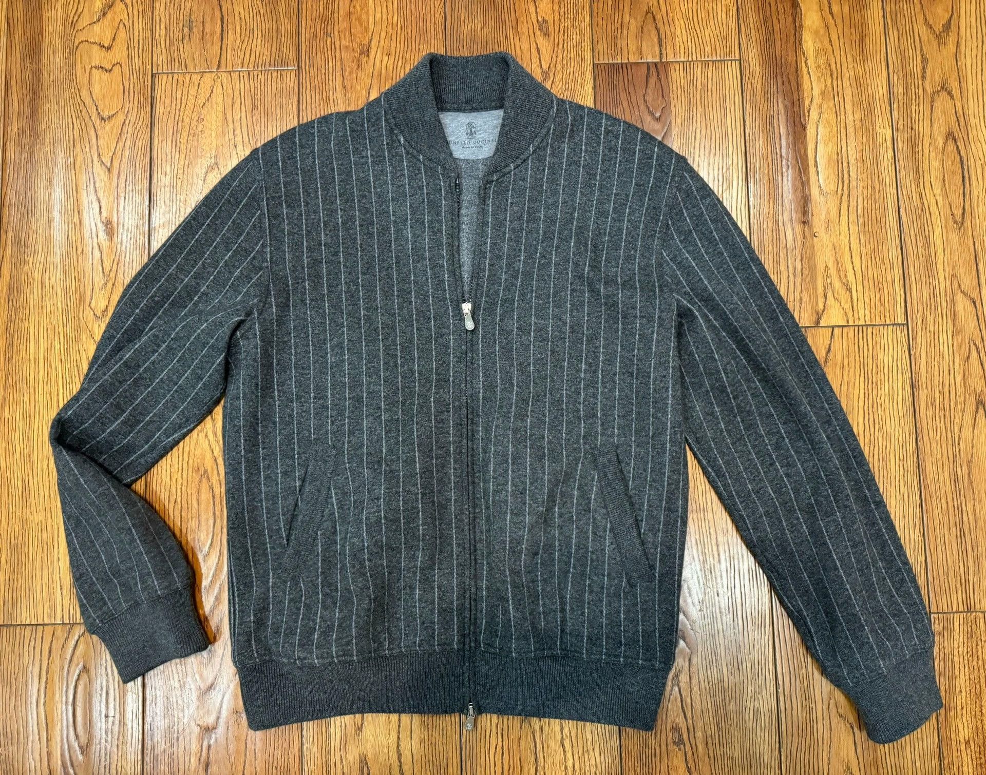 Brunello Cucinelli Brunello Cucinelli Men's Gray Striped Bomber Jacket - dmc Size US S / EU 44-46 / 1 - 2 Thumbnail