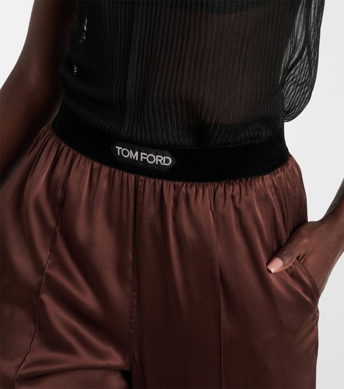 Tom Ford SILK SATIN PIJAMA PANTS WITH VELOUR DETAIL brown Size 30" / US 8 / IT 44 - 4 Thumbnail