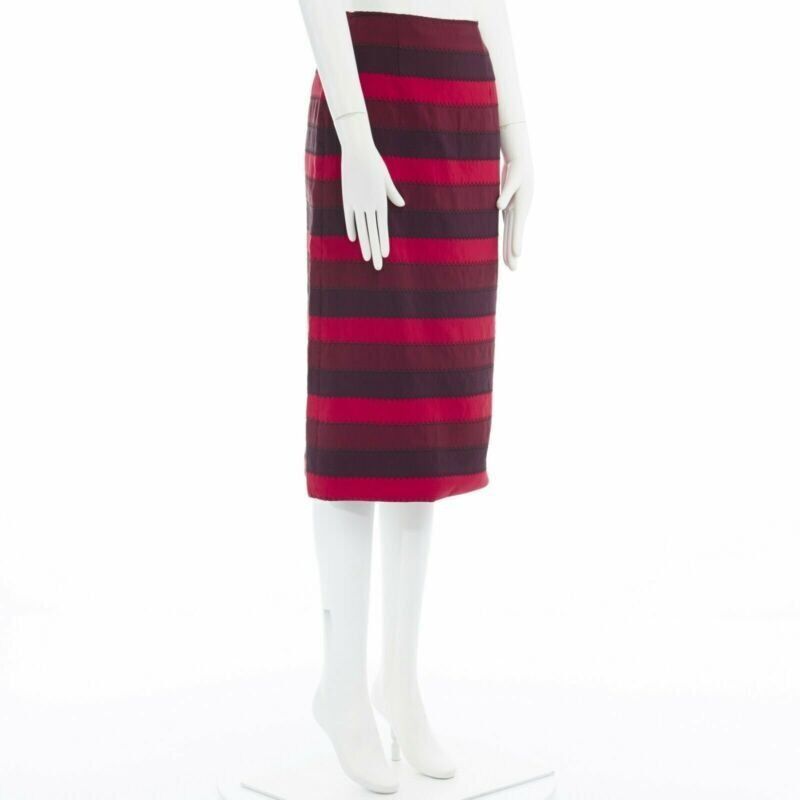 Mary Katrantzou MARY KATRANTZOU red purple stripe ribbon overstitched fitted midi skirt UK8 26" Size 27" / US 4 / IT 40 - 2 Thumbnail