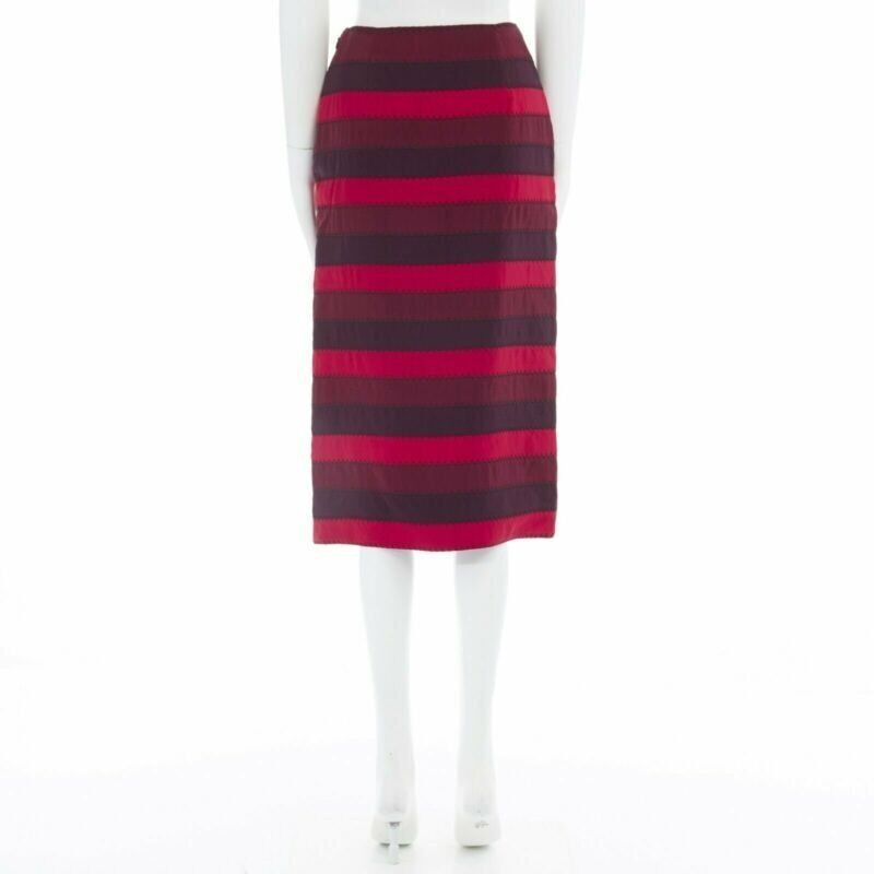 Mary Katrantzou MARY KATRANTZOU red purple stripe ribbon overstitched fitted midi skirt UK8 26" Size 27" / US 4 / IT 40 - 4 Thumbnail