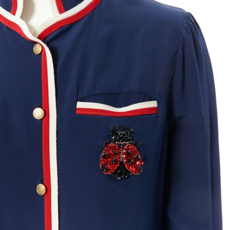 Gucci GUCCI navy tricolour ladybird ladybug embellish brooch badge silk shirt IT36 XXS Size XS / US 0-2 / IT 36-38 - 2 Thumbnail